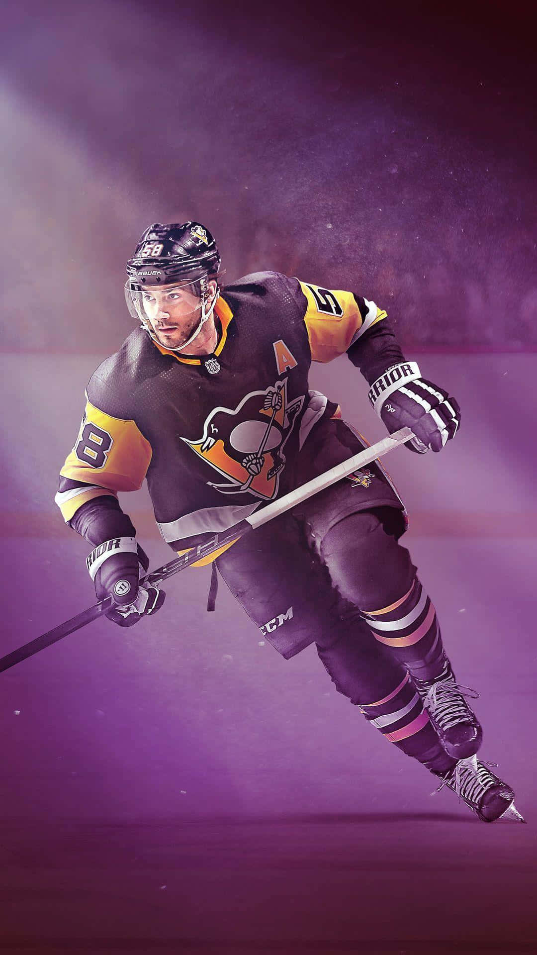 hockey player, black and gold uniform, purple-lit ice rink, Full HD Phone Wallpaper
