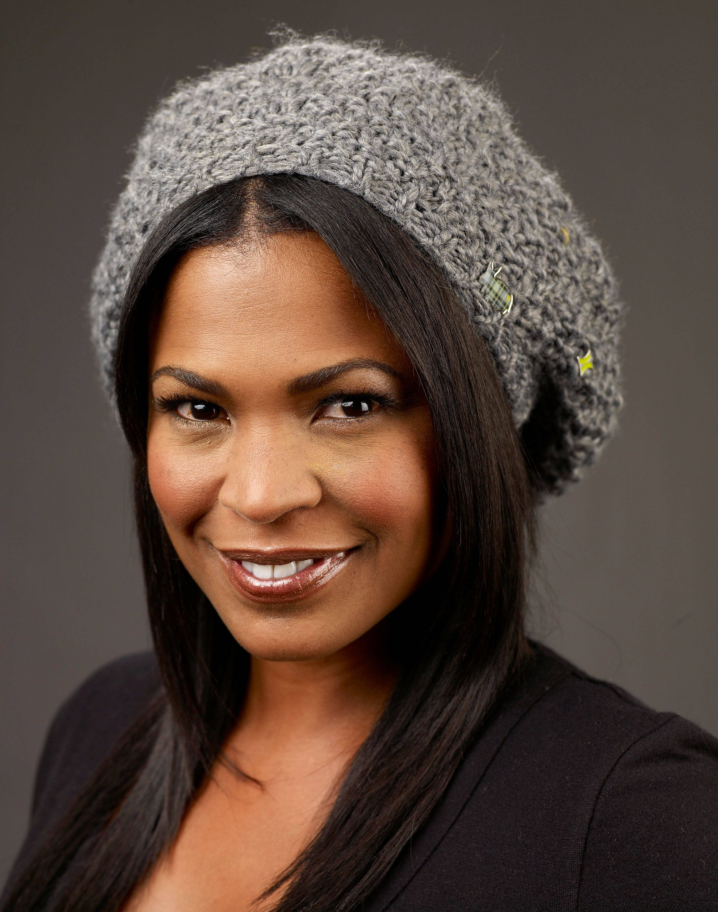 Nia Long, knit beanie, textured gray, 2K Phone Wallpaper