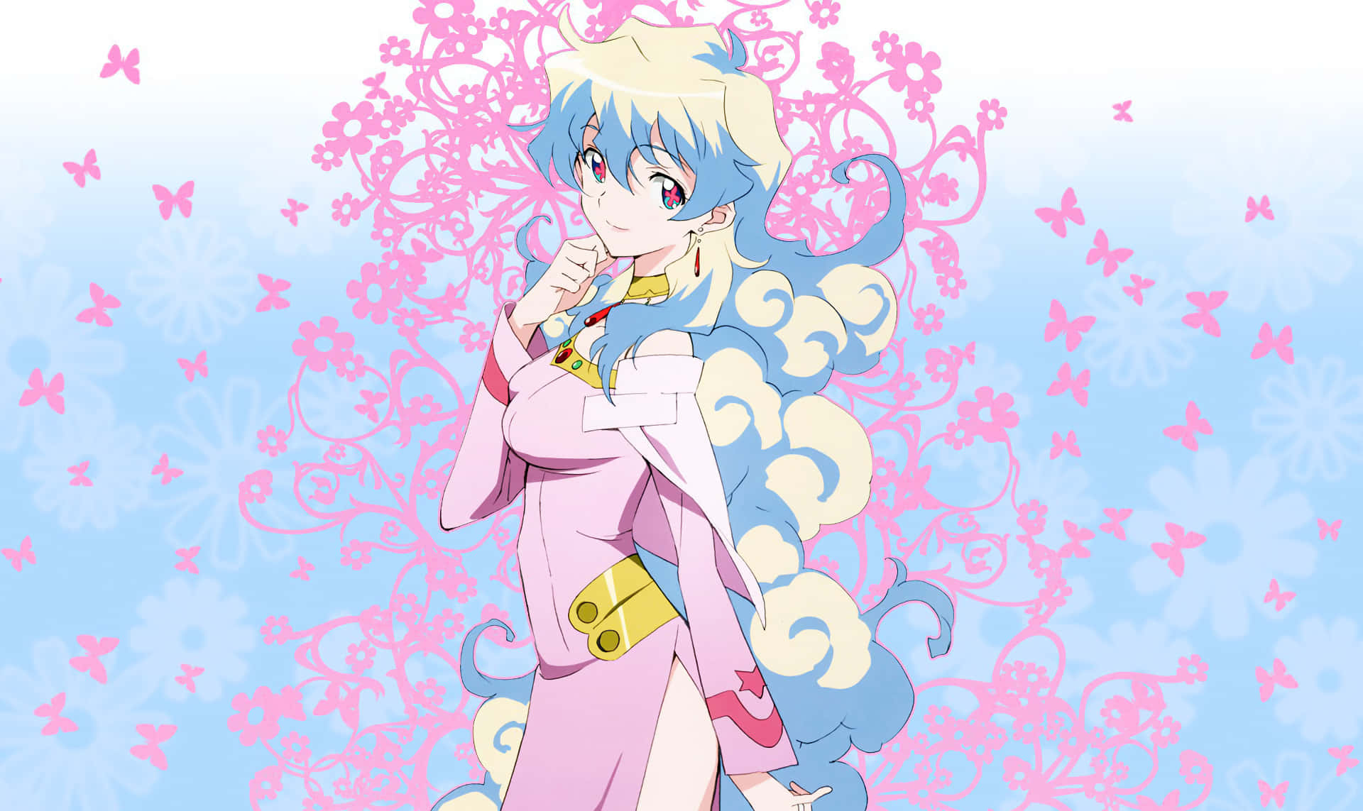 Nia Teppelin, blue hair, pink kimono, Full HD Desktop Wallpaper