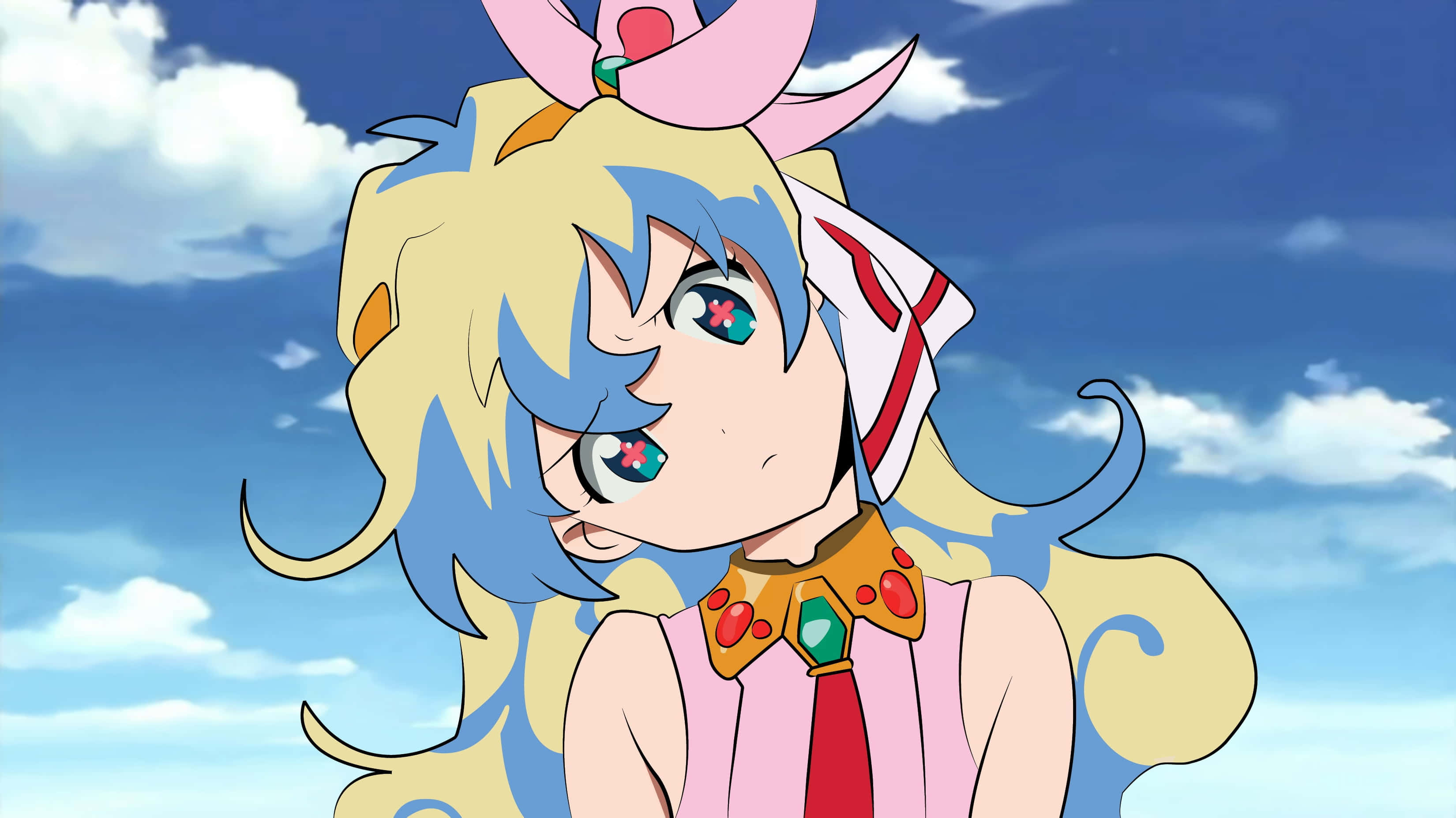 Nia Teppelin, blue and yellow hair, pink bow, 2K Desktop Wallpaper