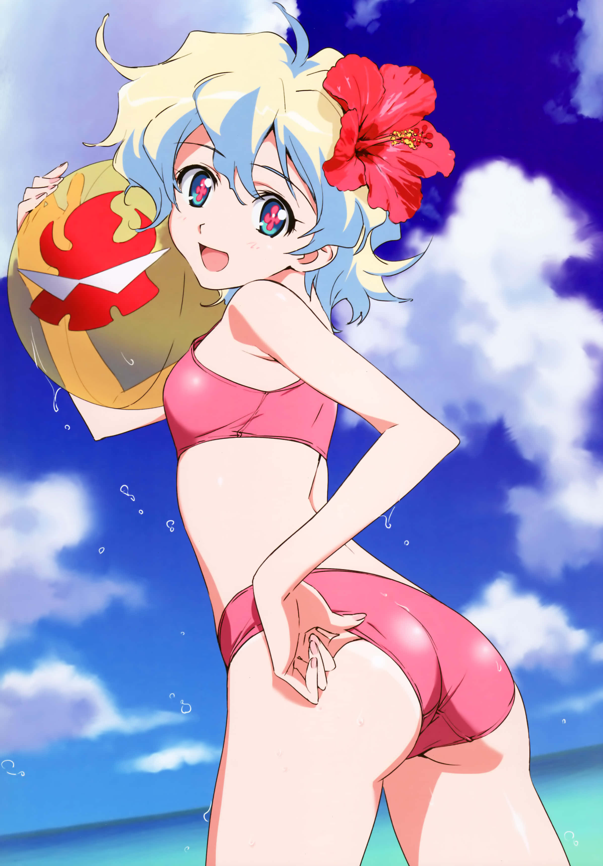Nia Teppelin, blue hair, red hibiscus flower, 2K Phone Wallpaper
