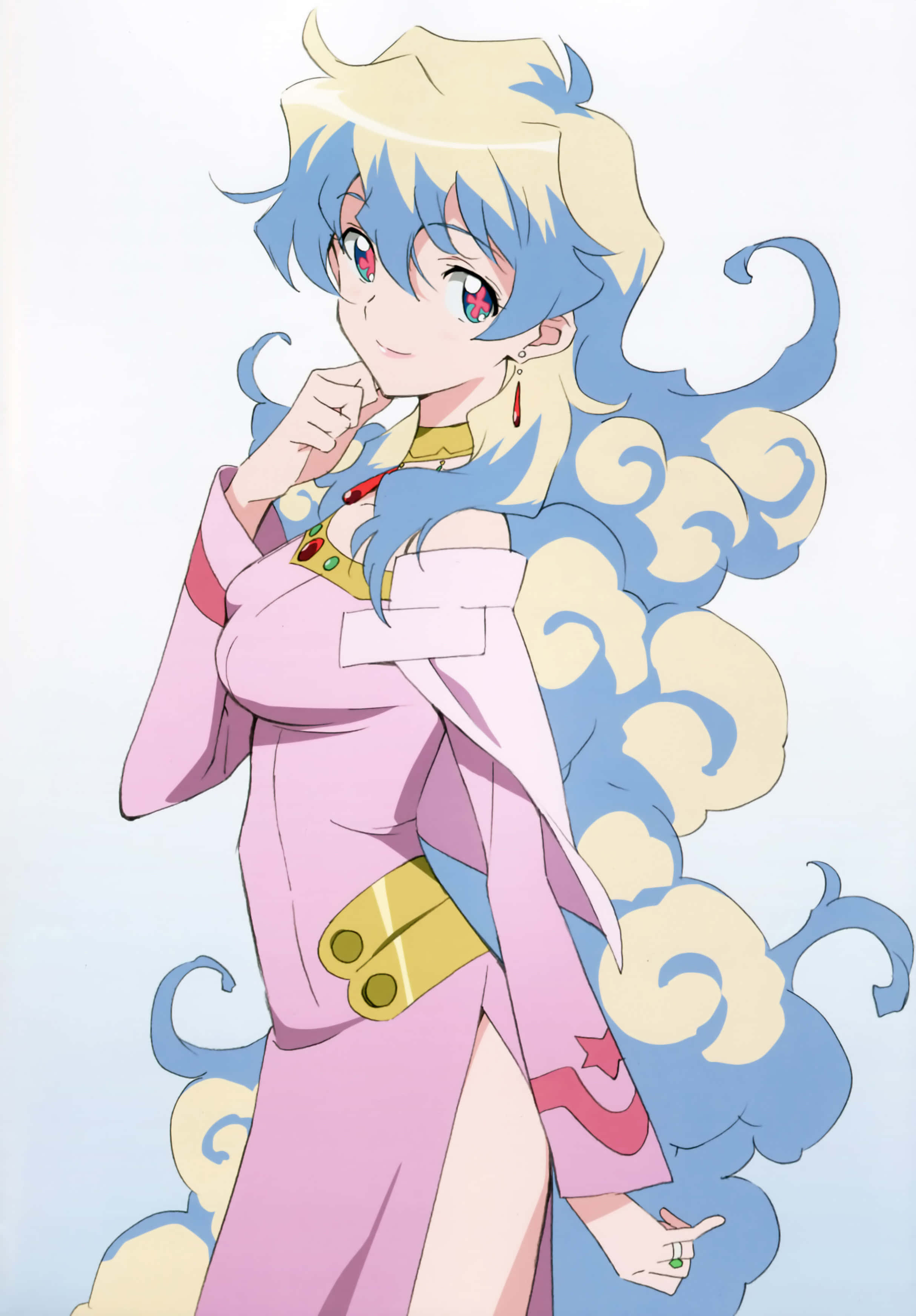 Nia Teppelin, blue and blonde hair, pink outfit, 2K Phone Wallpaper
