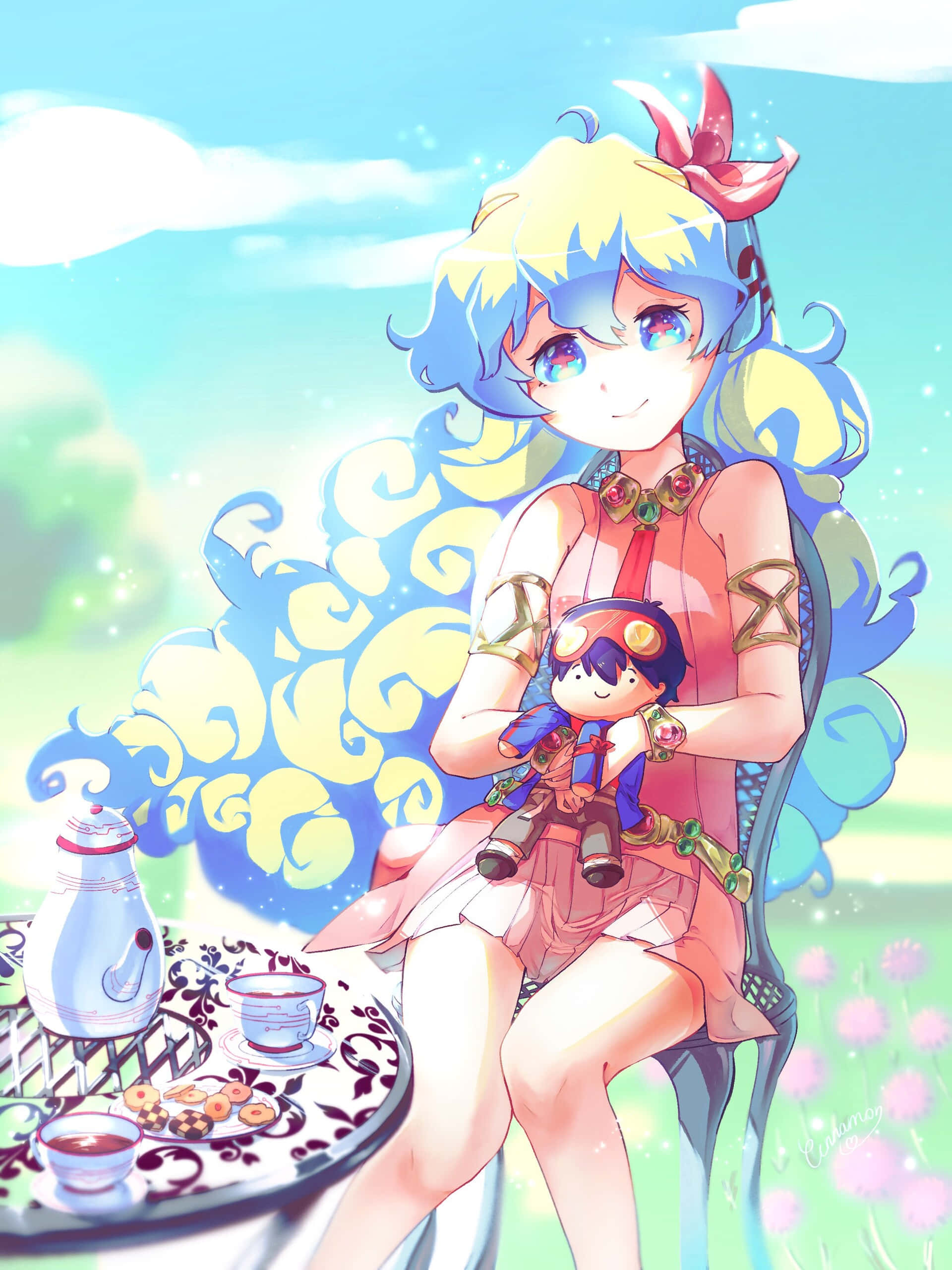Nia Teppelin, blue and yellow hair, outdoors, 2K Phone Wallpaper
