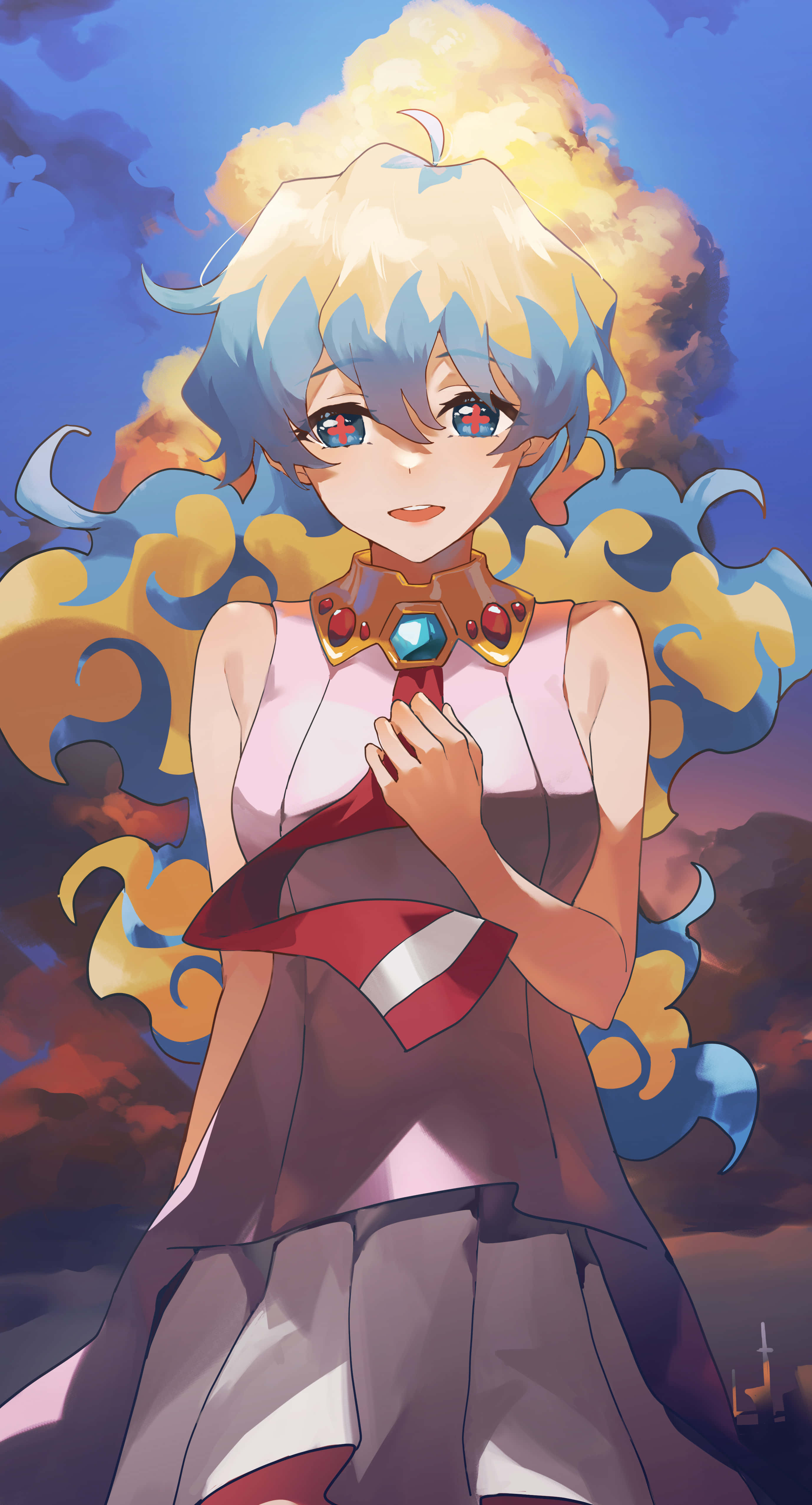 Nia Teppelin, blue and yellow hair, fiery sky, 4K Phone Wallpaper