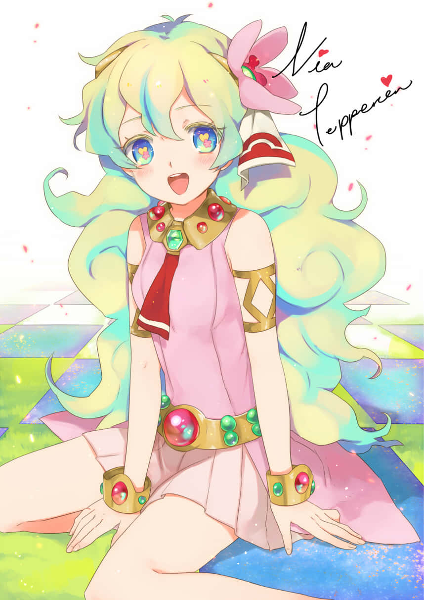 Nia Teppelin, rainbow hair, gem-adorned pink outfit, SD Phone Wallpaper