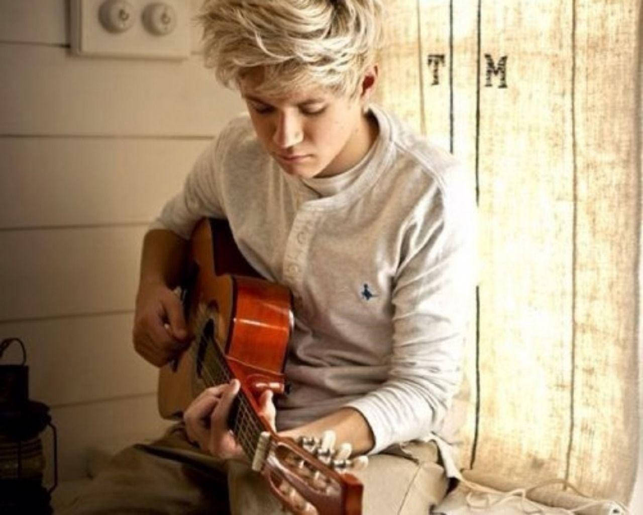 Niall Horan, red acoustic guitar, tousled blonde hair, HD Desktop Wallpaper