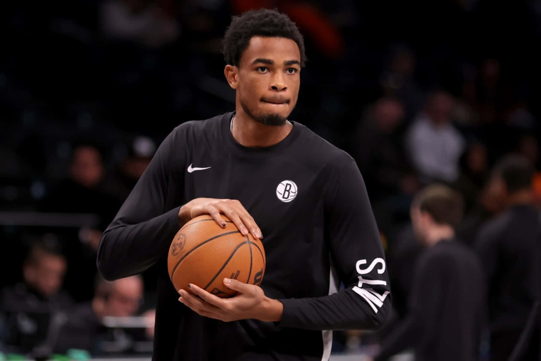 basketball player, black Brooklyn Nets warm-up shirt, basketball, HD Desktop Wallpaper
