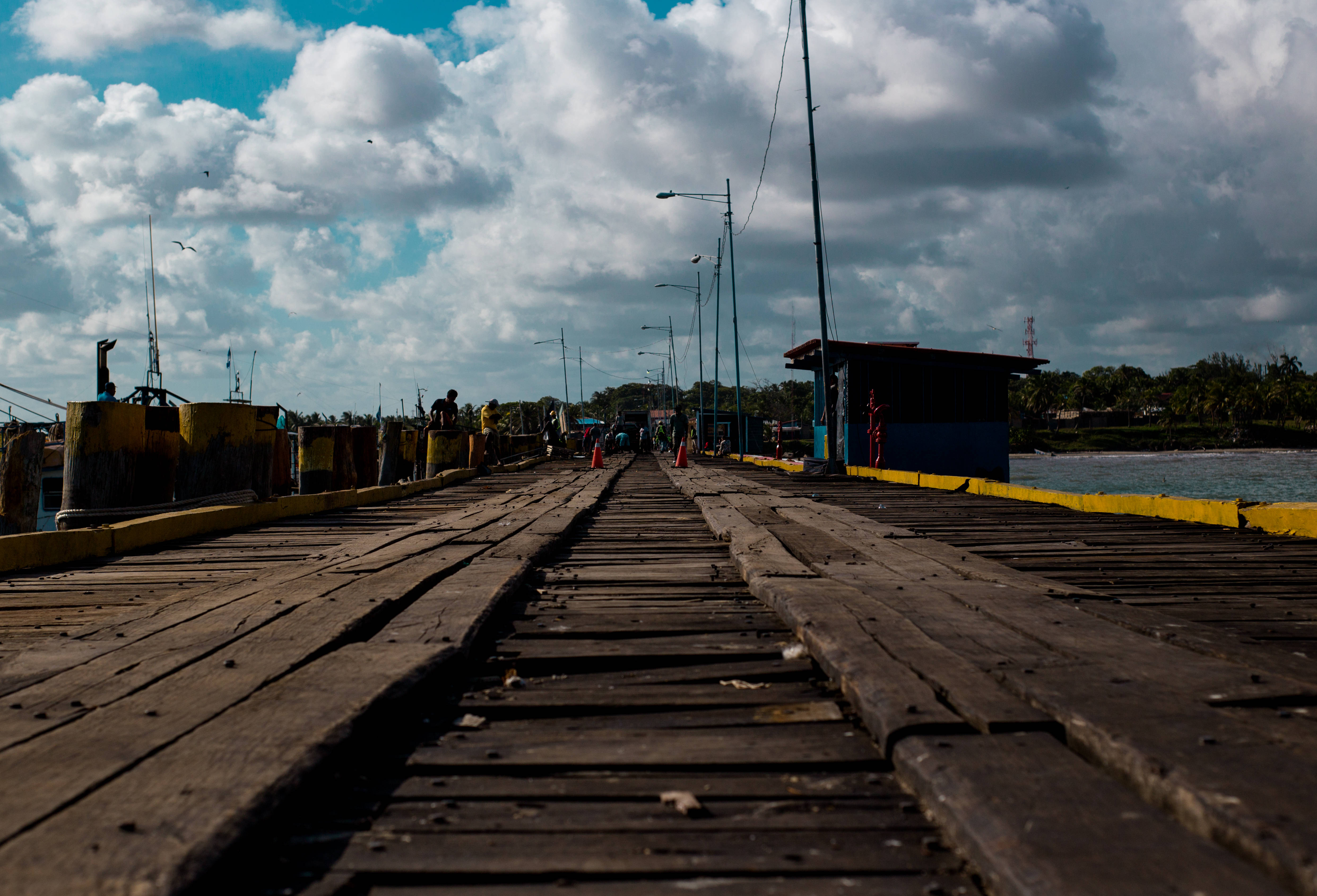 wooden bridge, water, dramatic cloudy sky, 4K Desktop Wallpaper