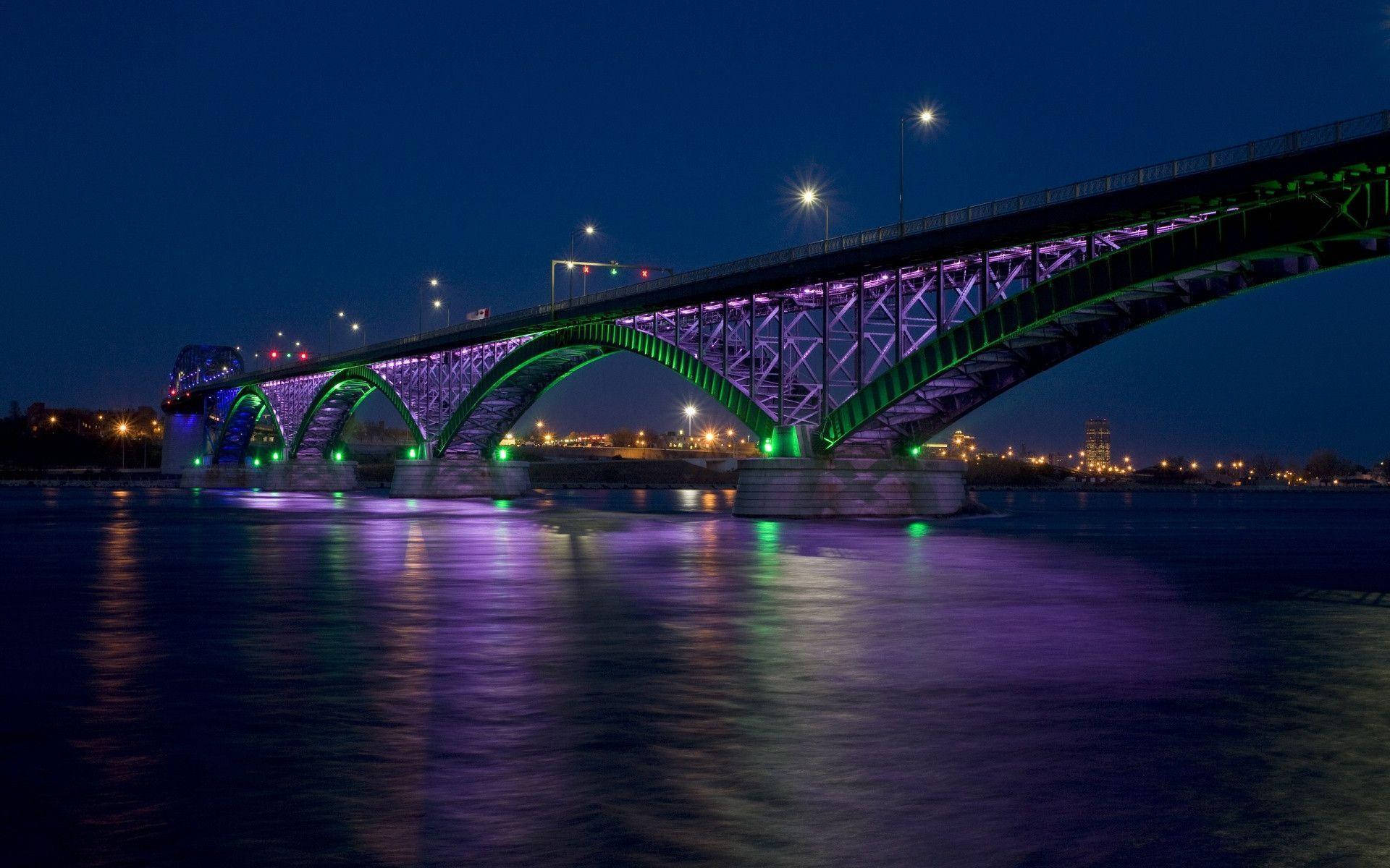 Nice, purple bridge, vibrant green and purple lights, Full HD Desktop Wallpaper