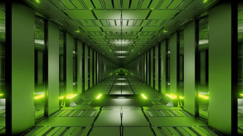 vibrant green, futuristic server room hallway, glowing green light, SD Desktop Wallpaper