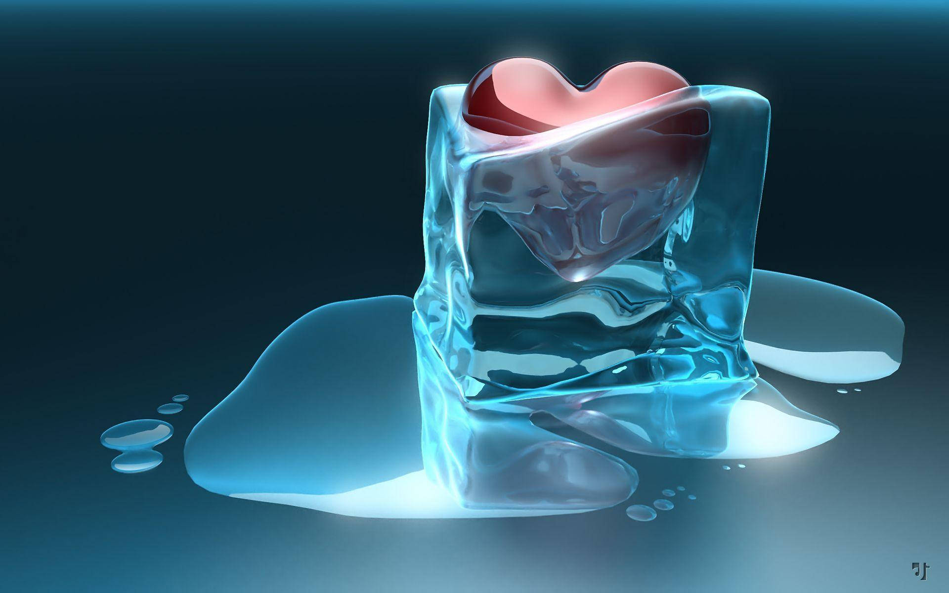 pink heart, translucent blue ice, melting block, Full HD Desktop Wallpaper
