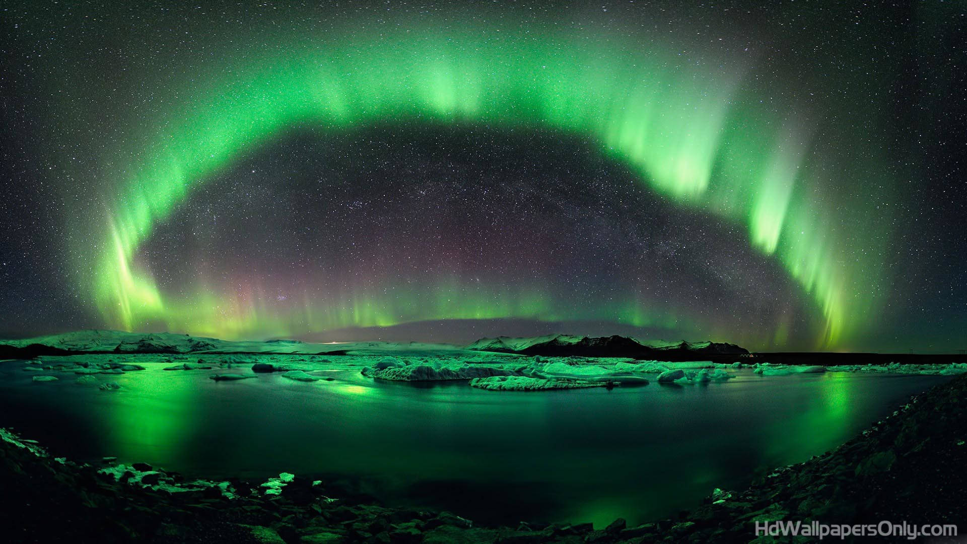 aurora borealis, starry night sky, icy waters, Full HD Desktop Wallpaper