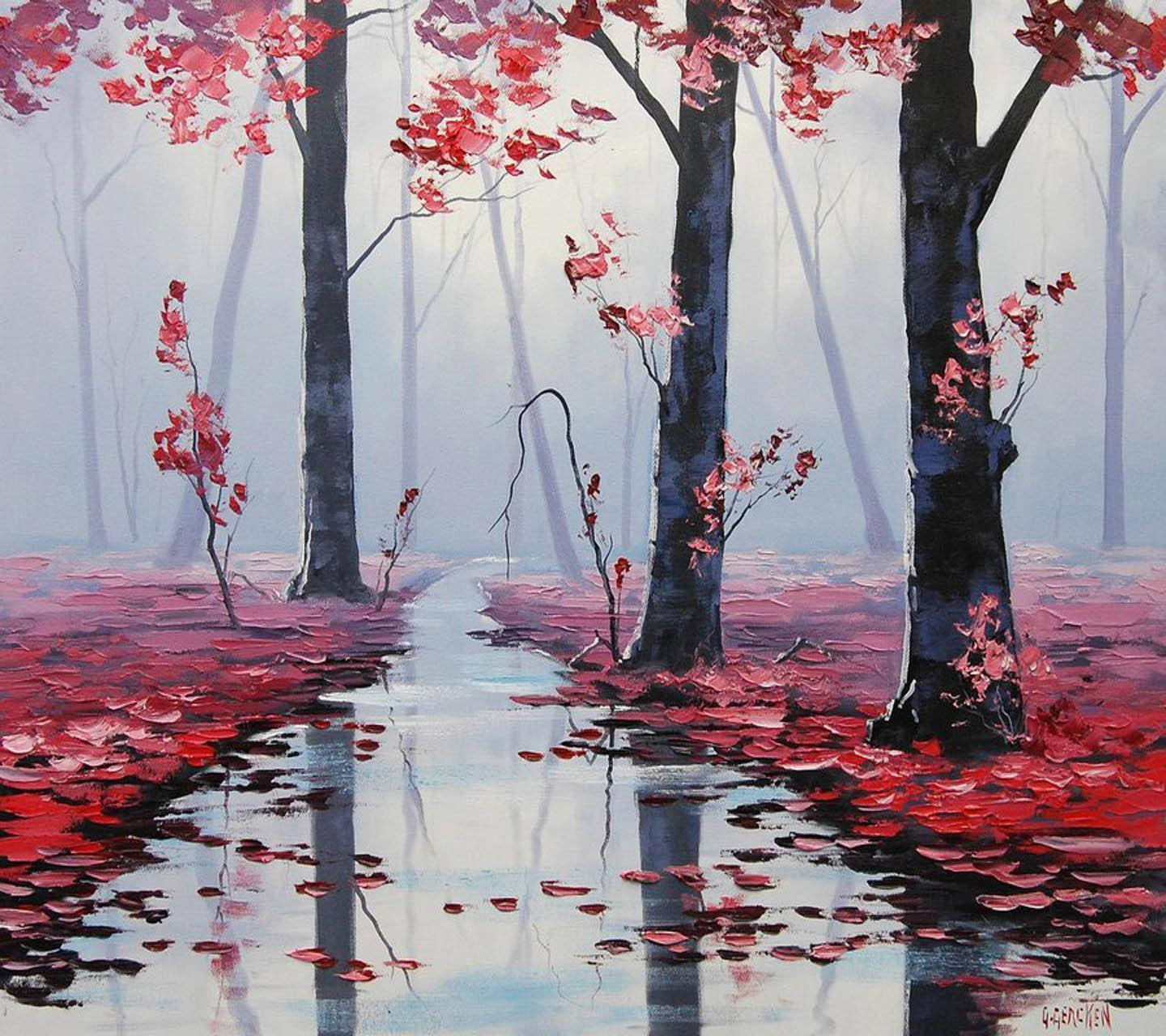 red tree, lake, misty forest path, HD Desktop Wallpaper