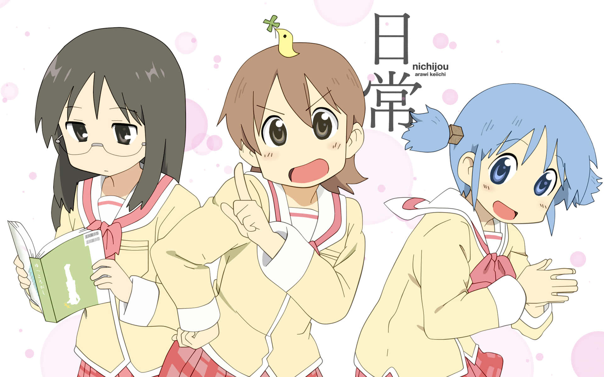 anime girls, school uniforms, soft pink bubble background, Full HD Desktop Wallpaper