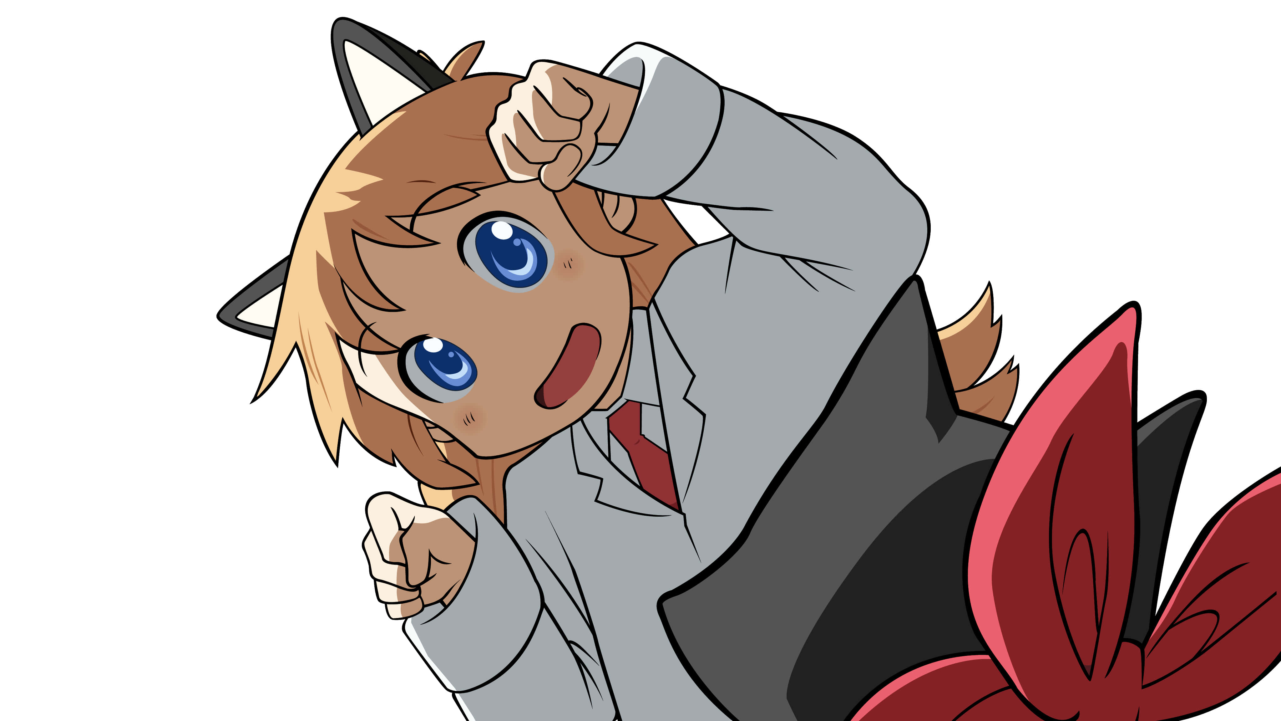 fox ears, red bow, blue eyes, 4K Desktop Wallpaper