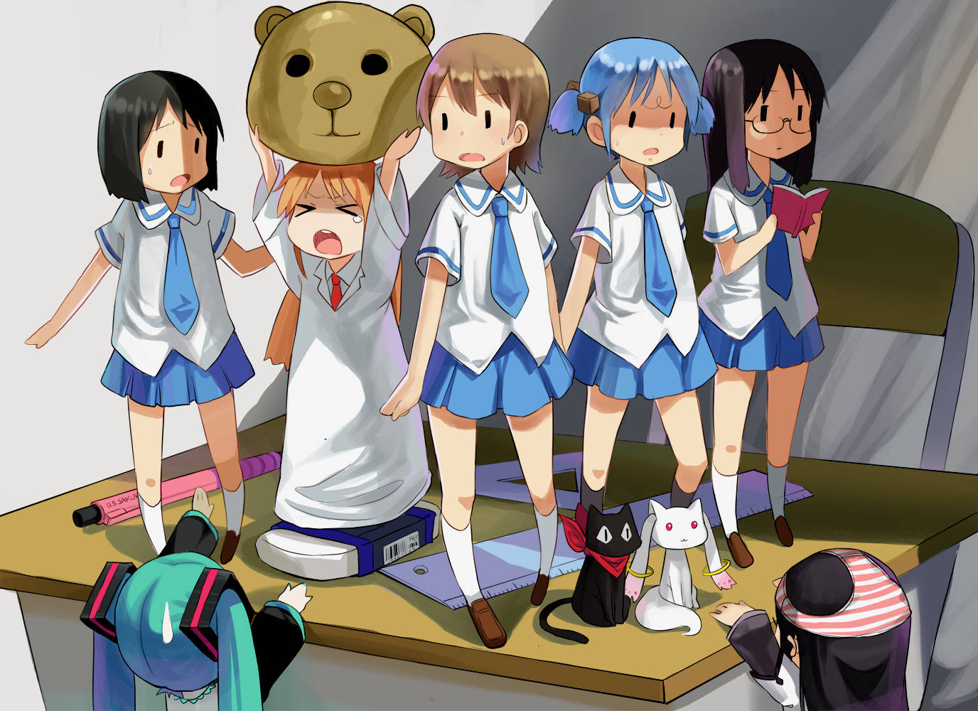 Nichijou, giant table, school uniforms, HD Desktop Wallpaper