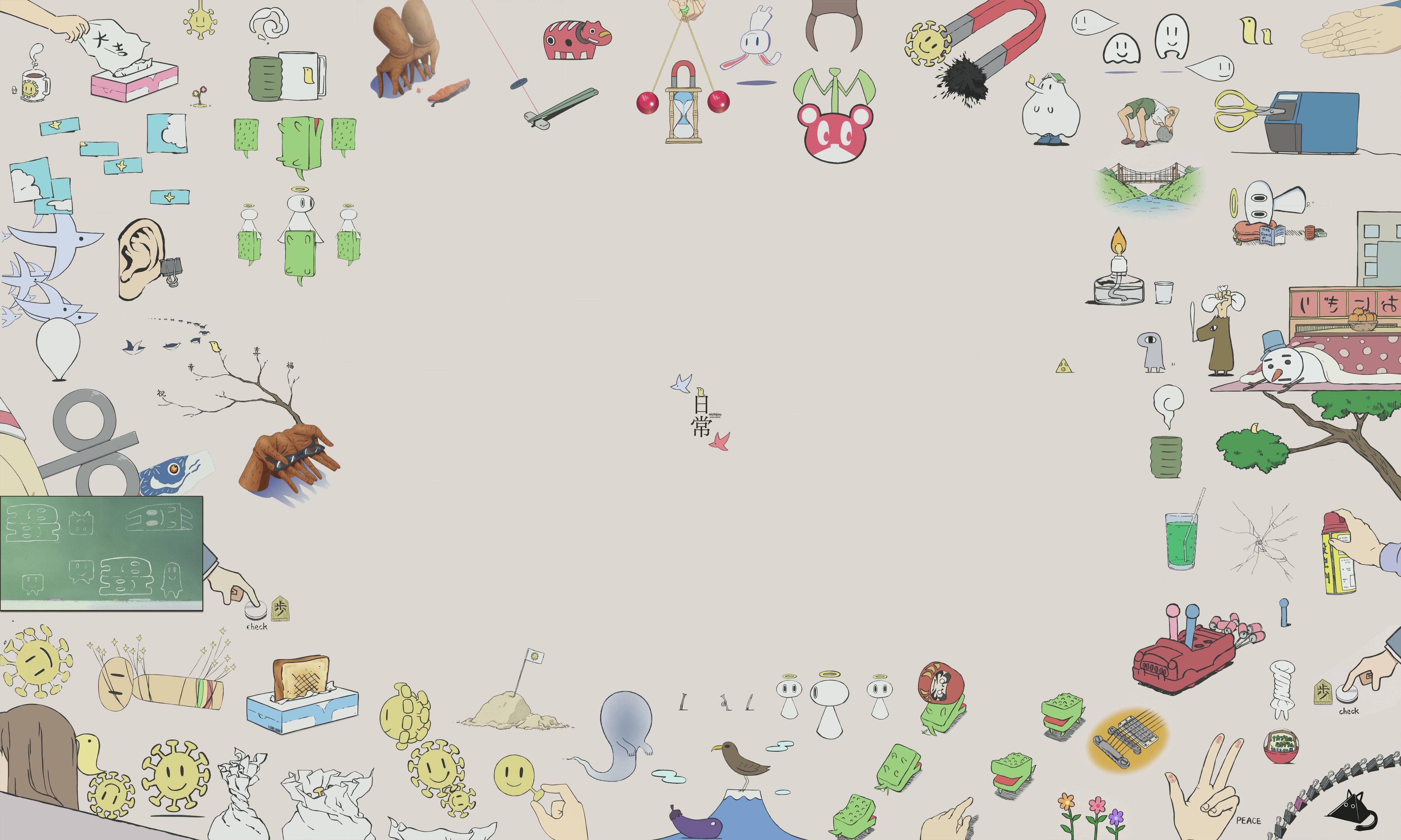 Nichijou, beige background, cartoon doodles, 4K Desktop Wallpaper