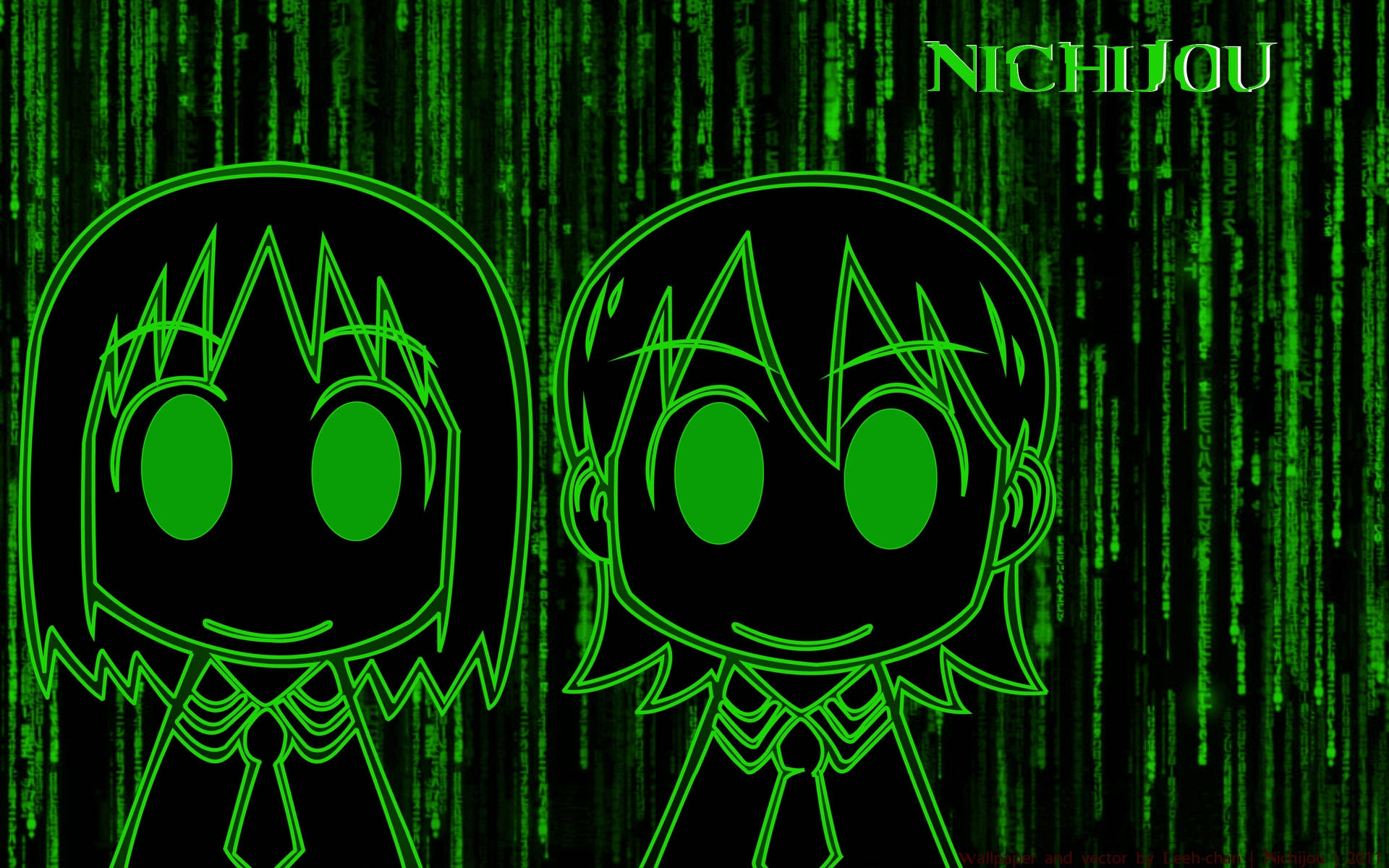 Nichijou, chibi anime characters, digital rain background, Full HD Desktop Wallpaper