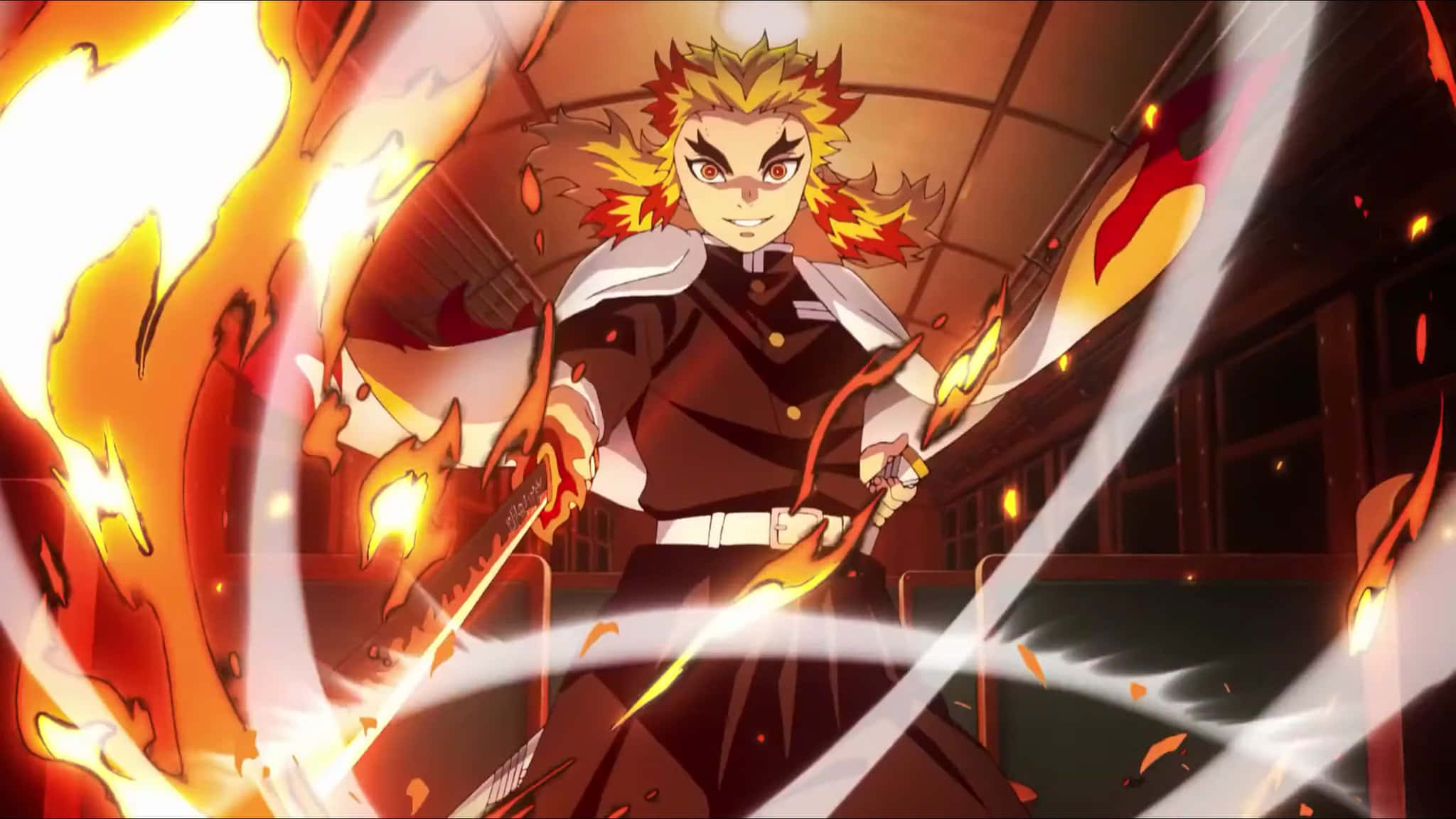 Nichirin Blades, fiery-haired anime warrior, flaming swords, Full HD Desktop Wallpaper