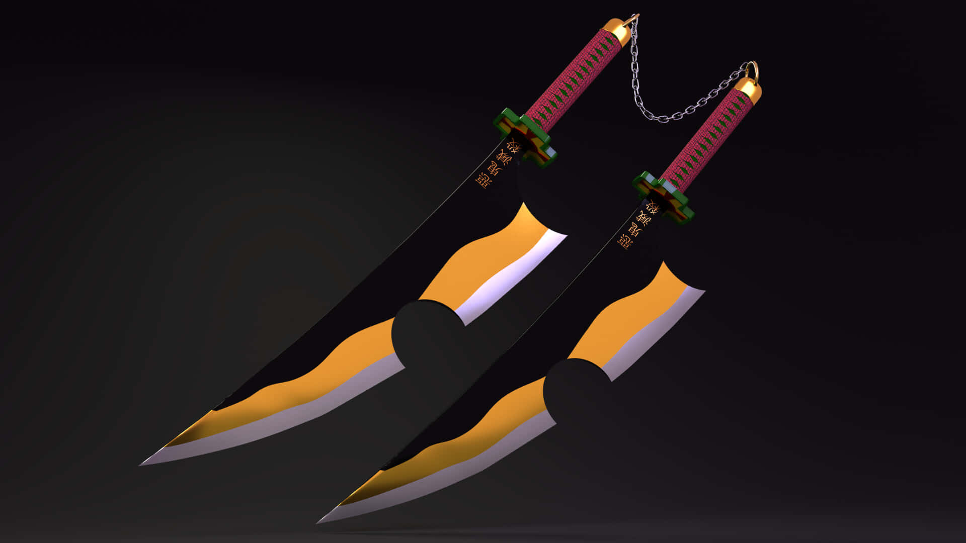 Nichirin Blades, gold and black blades, pink hilts, Full HD Desktop Wallpaper