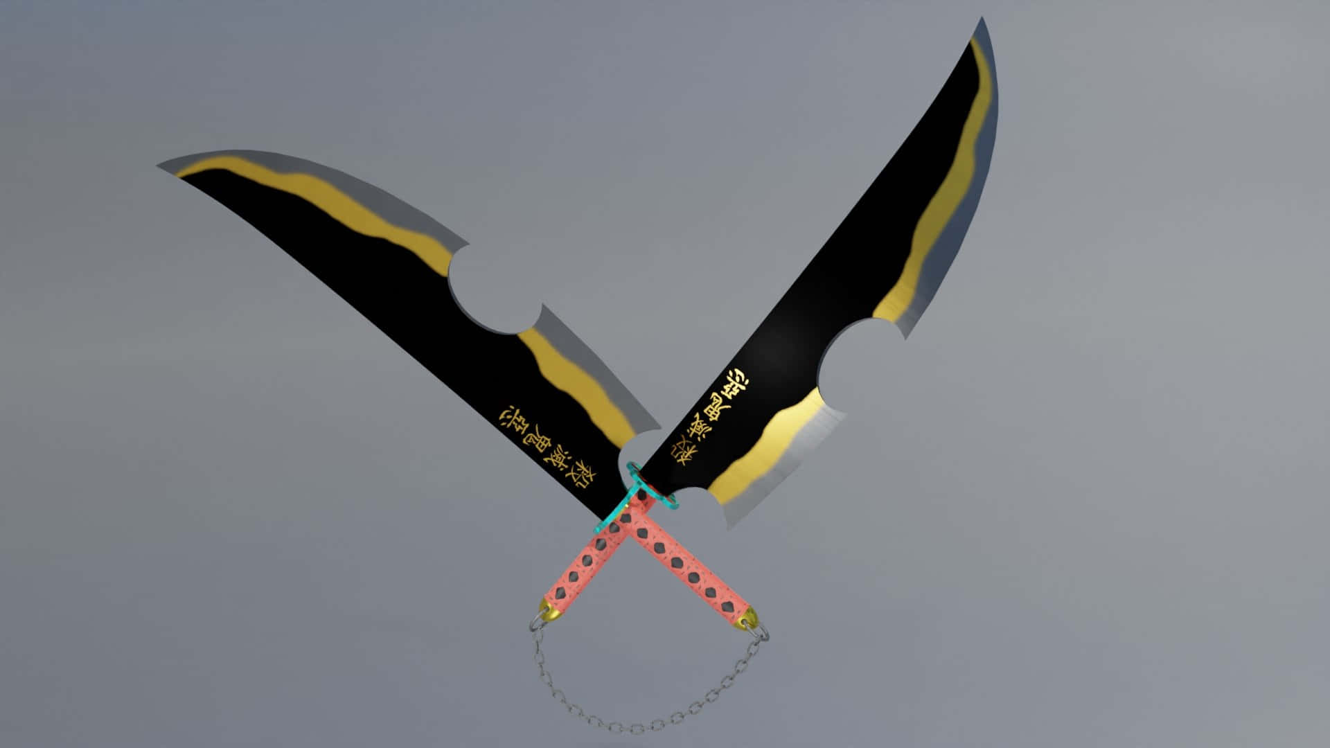 Nichirin Blades, black and gold curved blades, pink hilts, Full HD Desktop Wallpaper