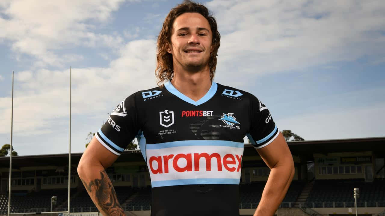 Nicho Hynes, black blue and white jersey, empty stadium, HD Desktop Wallpaper