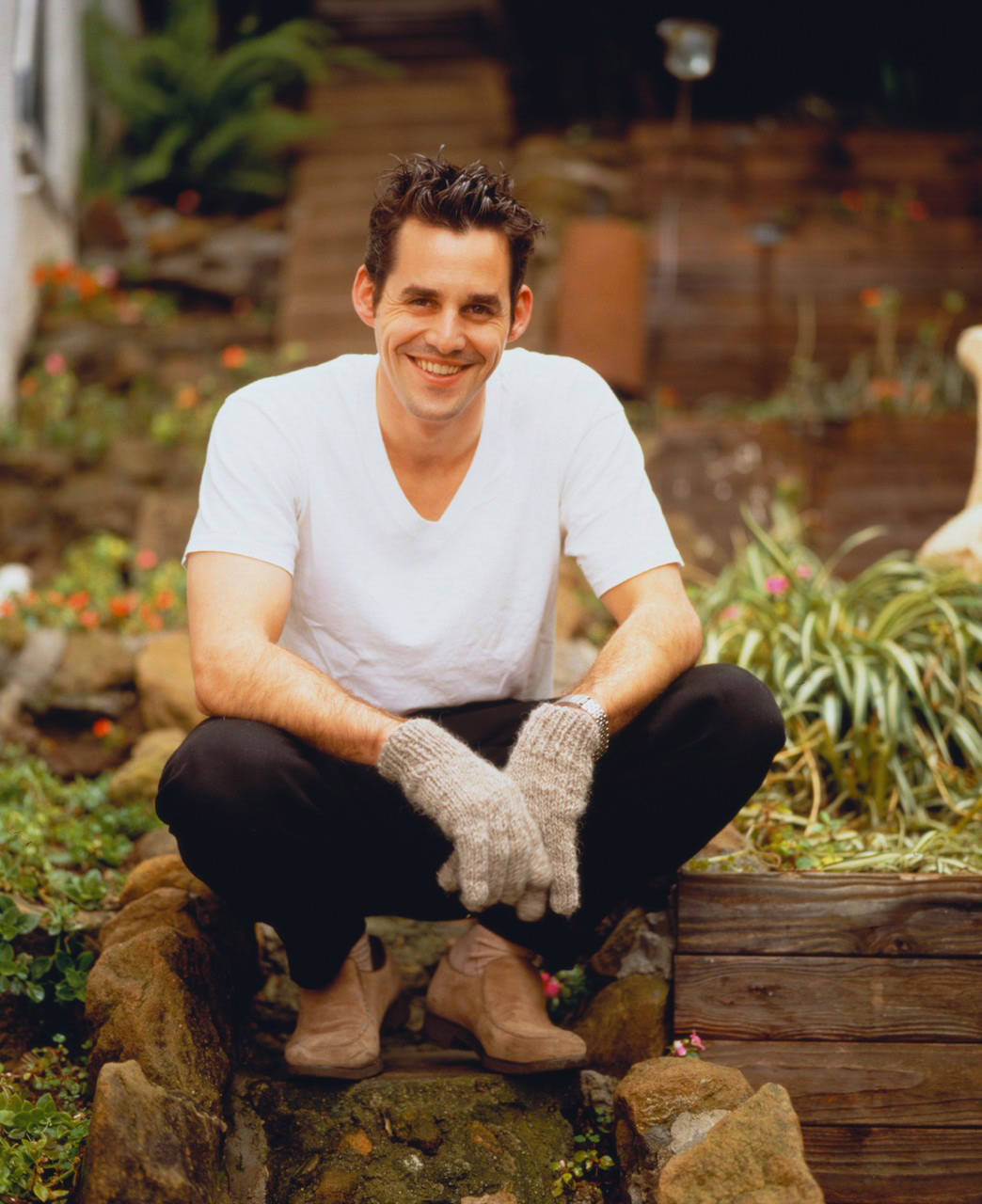 Nicholas Brendon, garden, white tee, HD Phone Wallpaper