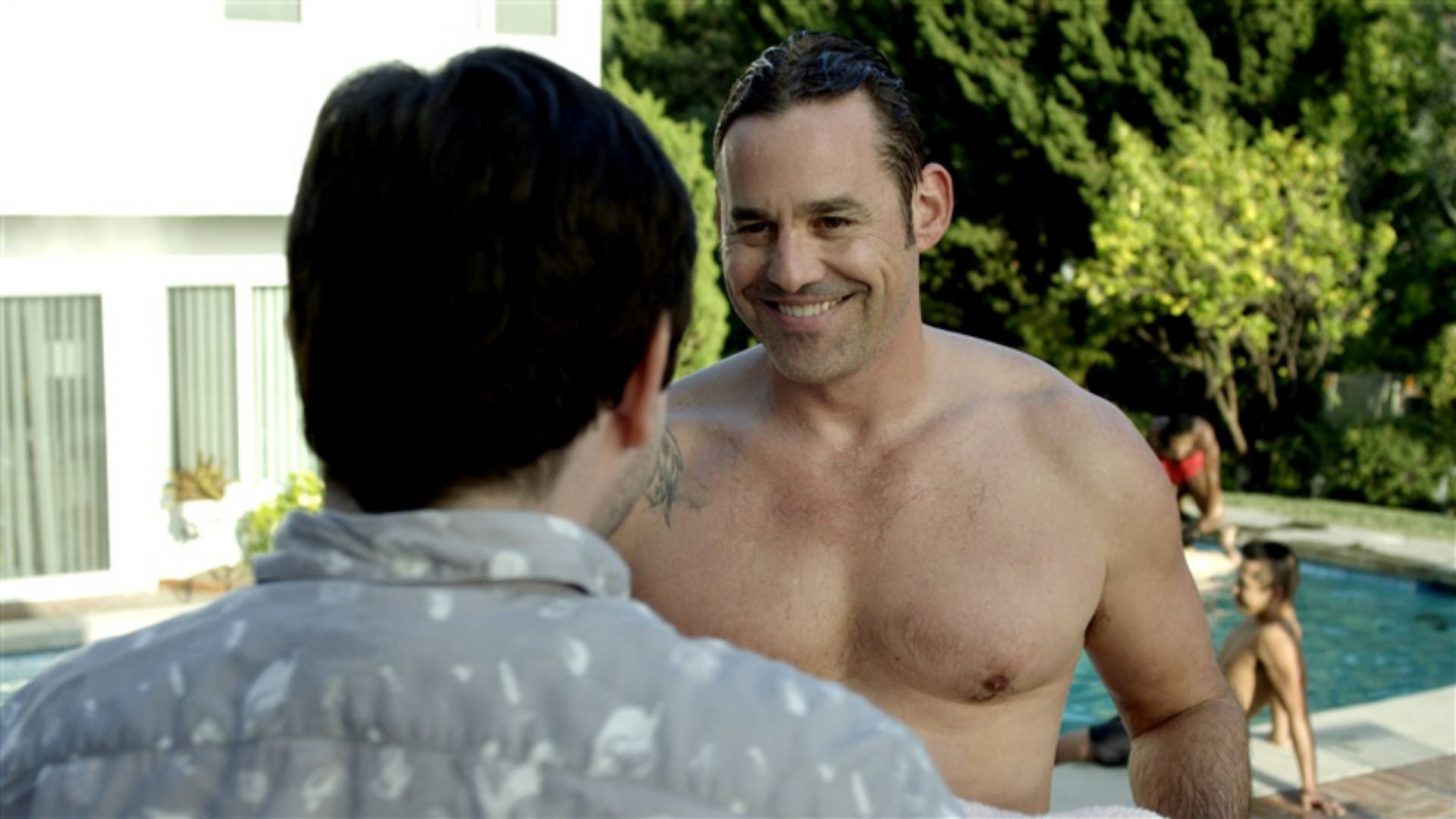 Nicholas Brendon, sunlit swimming pool, lush greenery, Full HD Desktop Wallpaper