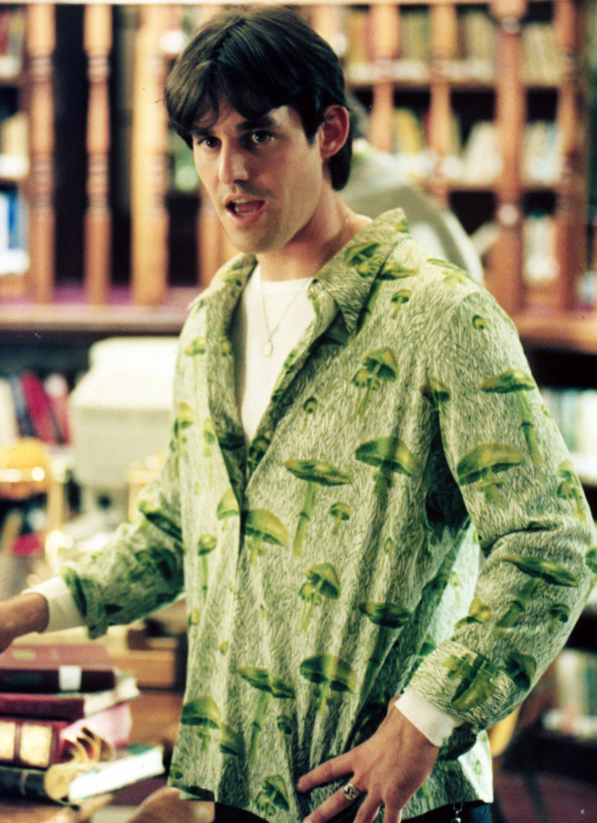 Nicholas Brendon, green mushroom-patterned shirt, library, 2K Phone Wallpaper