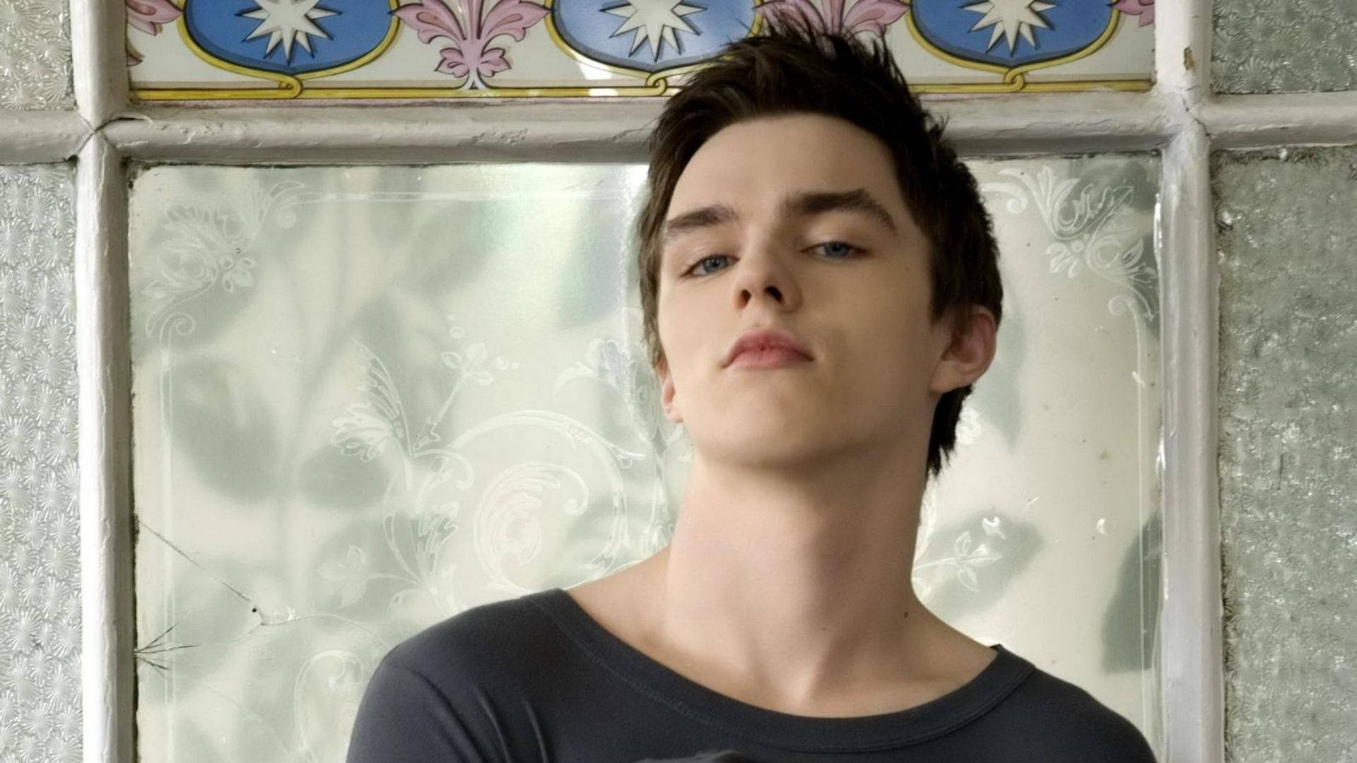 Nicholas Hoult, elegant suit, vintage stained glass window, Full HD Desktop Wallpaper