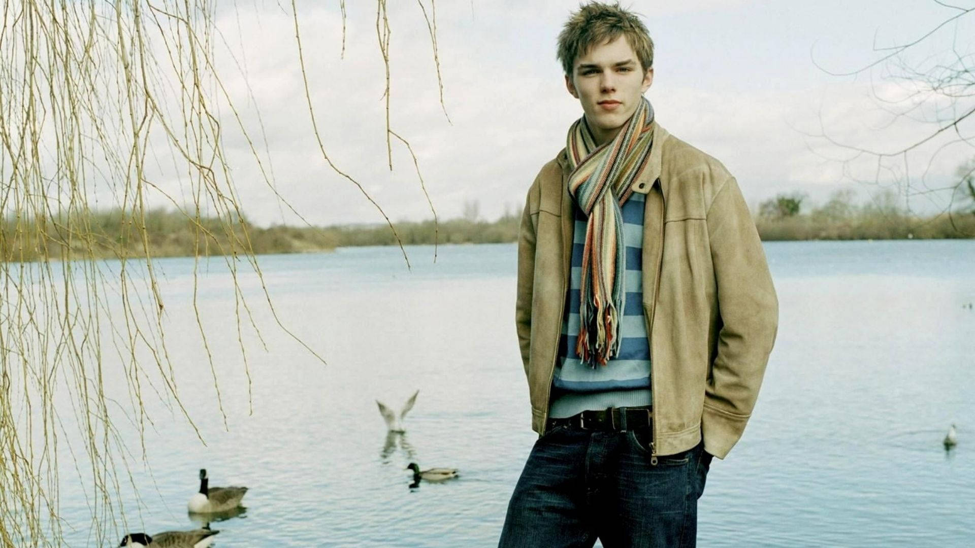 Nicholas Hoult, tan jacket, striped shirt, Full HD Desktop Wallpaper