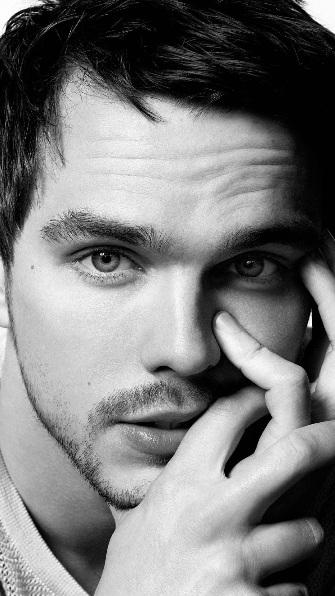 Nicholas Hoult, black and white, close-up portrait, Full HD Phone Wallpaper