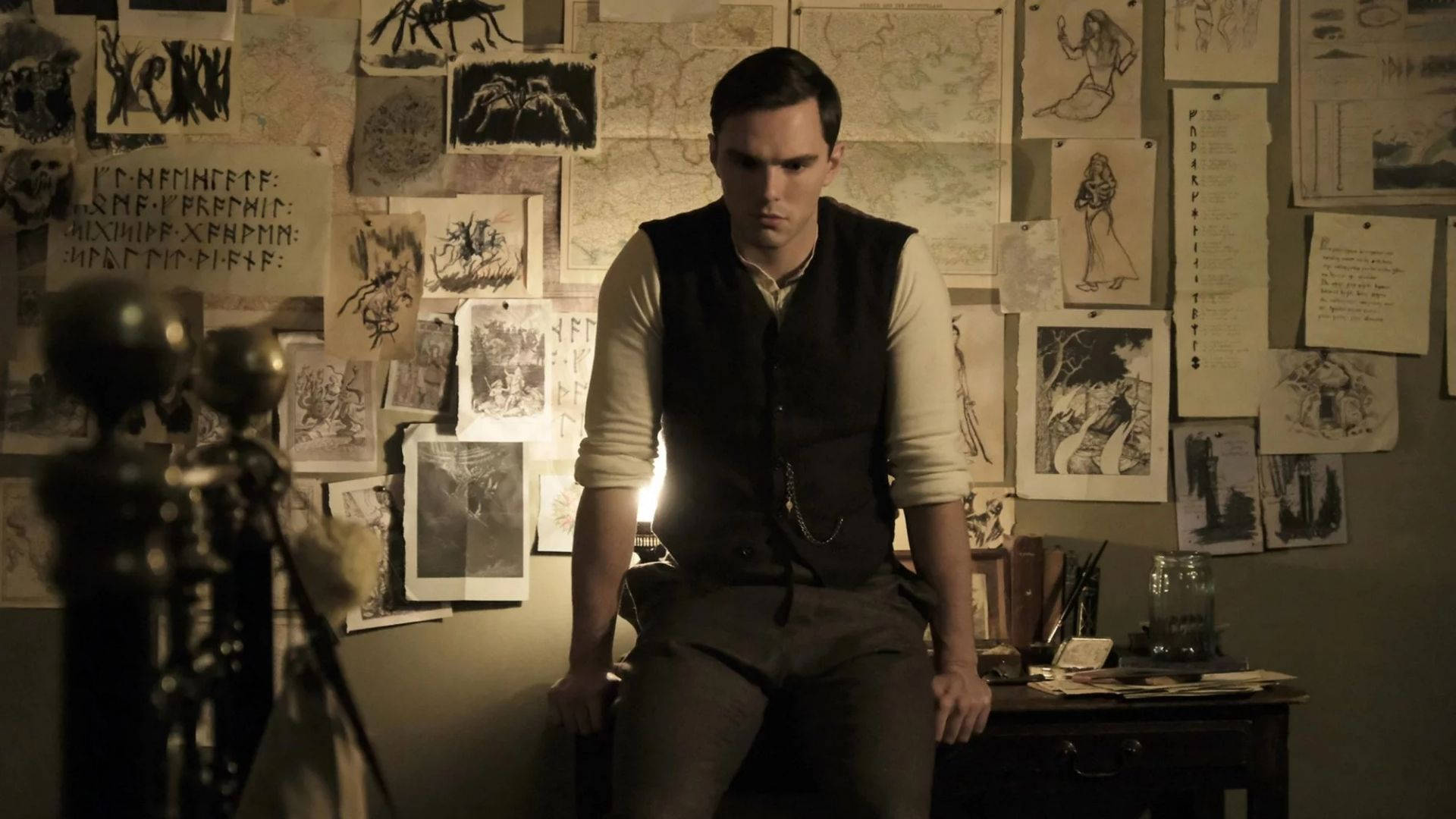 Nicholas Hoult, vest, cluttered desk, Full HD Desktop Wallpaper