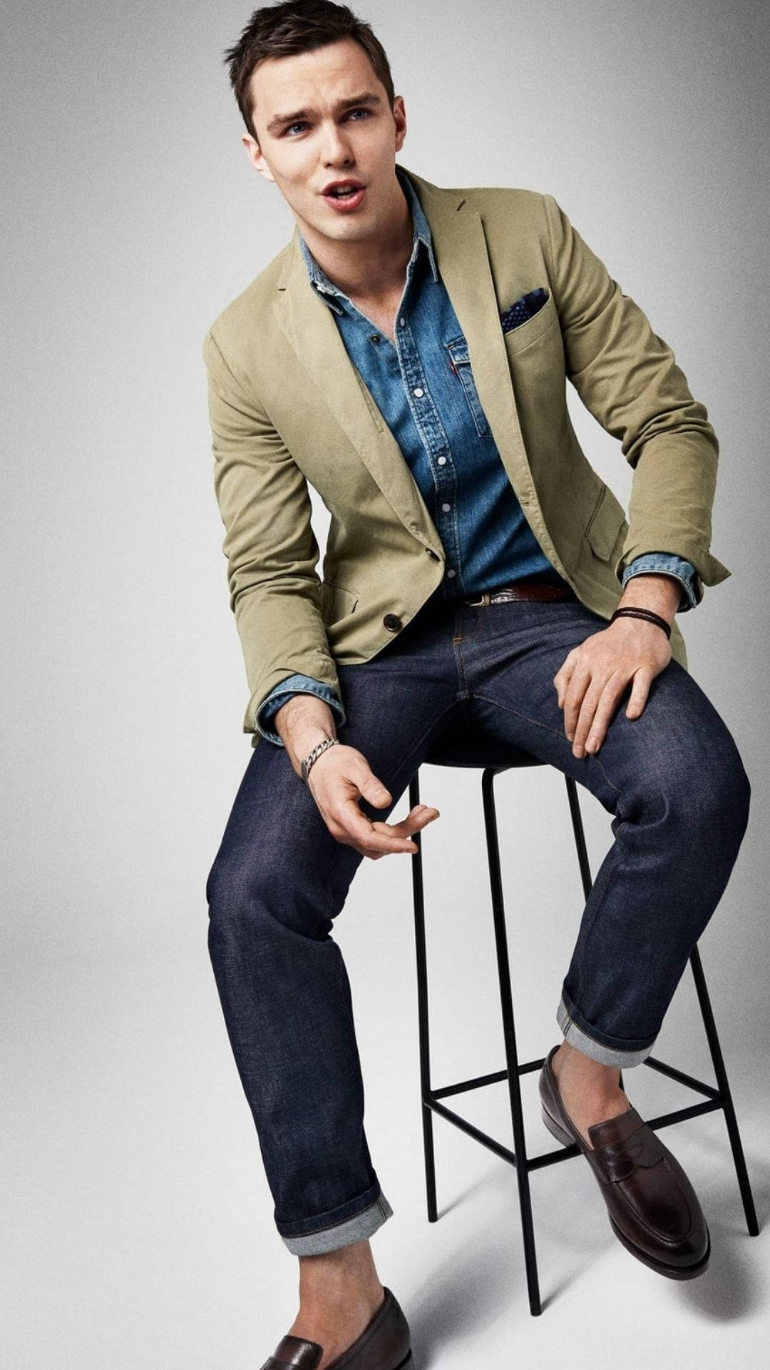 Nicholas Hoult, beige blazer, denim jeans, Full HD Phone Wallpaper