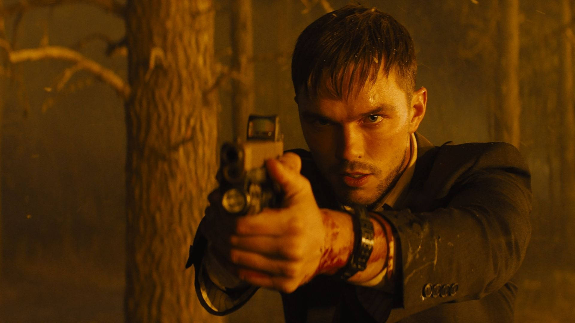 Nicholas Hoult, pistol, hazy orange forest, Full HD Desktop Wallpaper