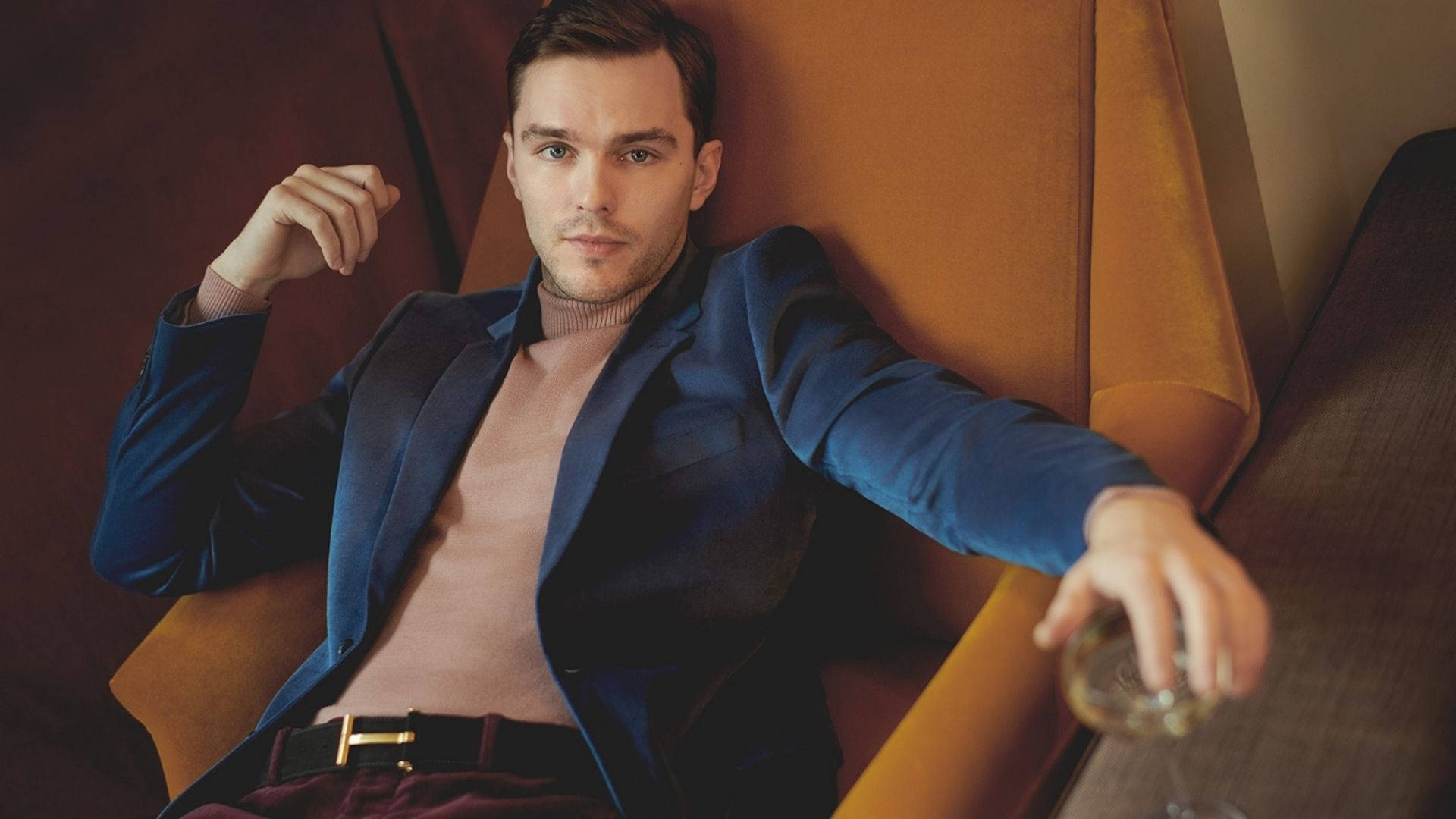 Nicholas Hoult, blue blazer, mustard chair, Full HD Desktop Wallpaper