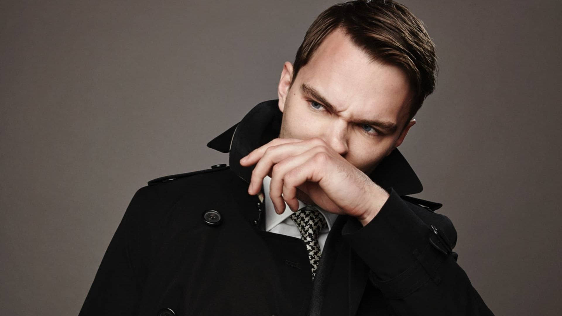 Nicholas Hoult, black trench coat, patterned tie, Full HD Desktop Wallpaper