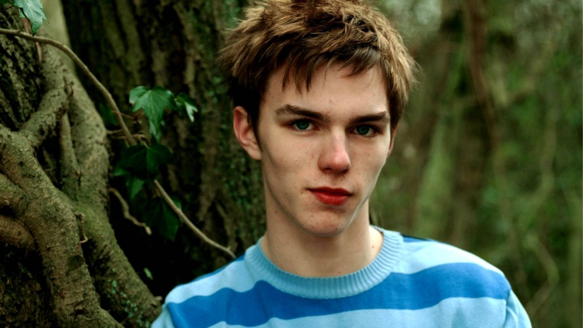 Nicholas Hoult, forest, mossy tree roots, Full HD Desktop Wallpaper