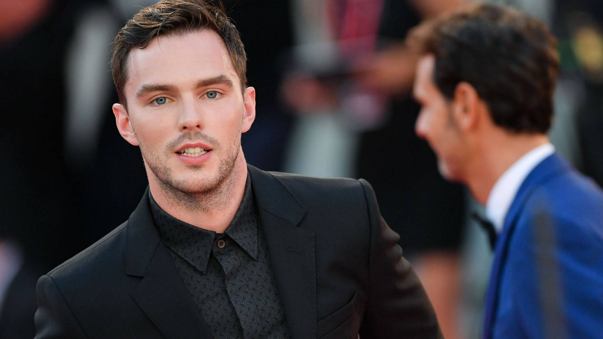 Nicholas Hoult, black suit, blue eyes, Full HD Desktop Wallpaper