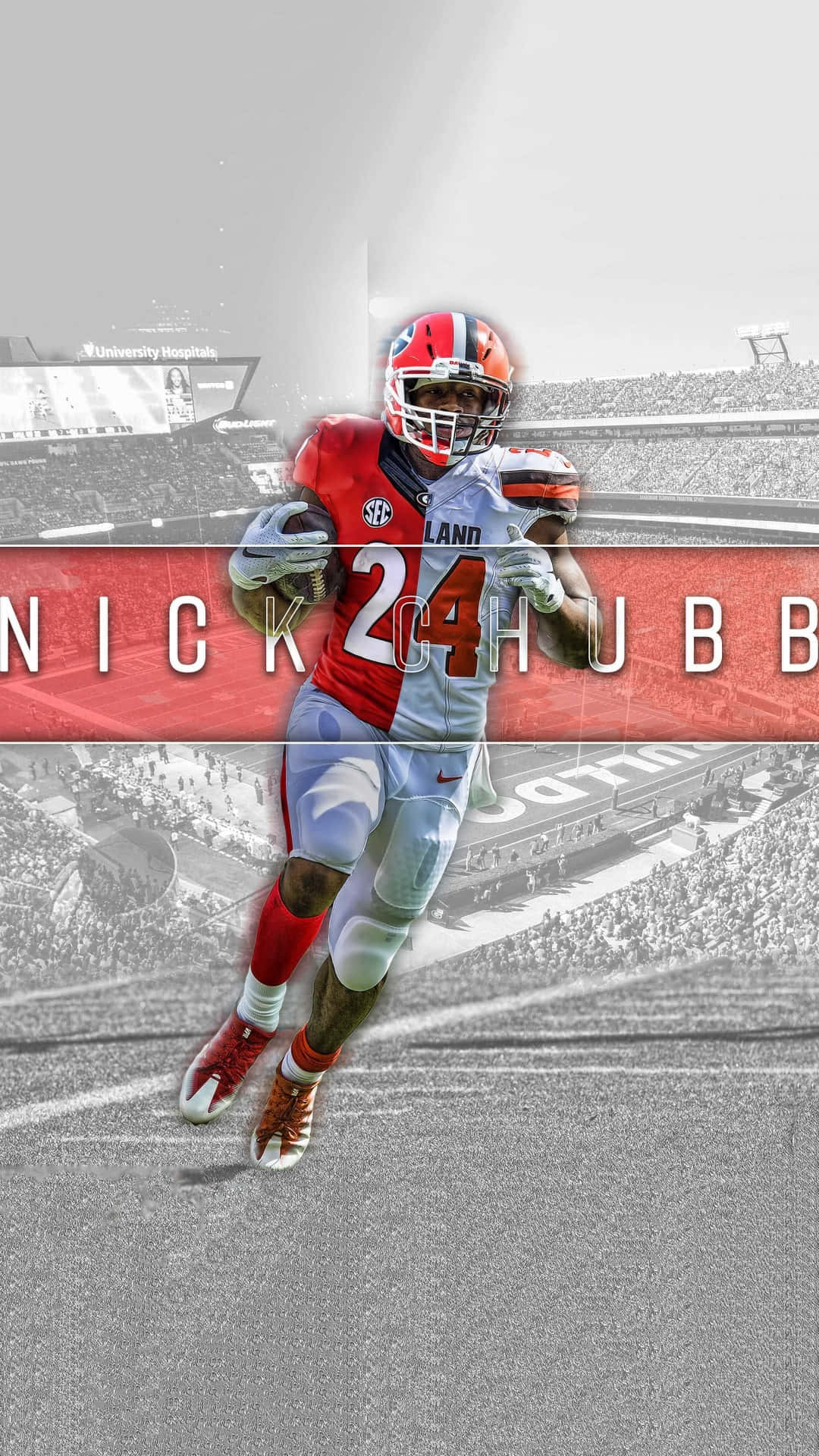 Nick Chubb, red and white uniform, grayscale stadium field, Full HD Phone Wallpaper