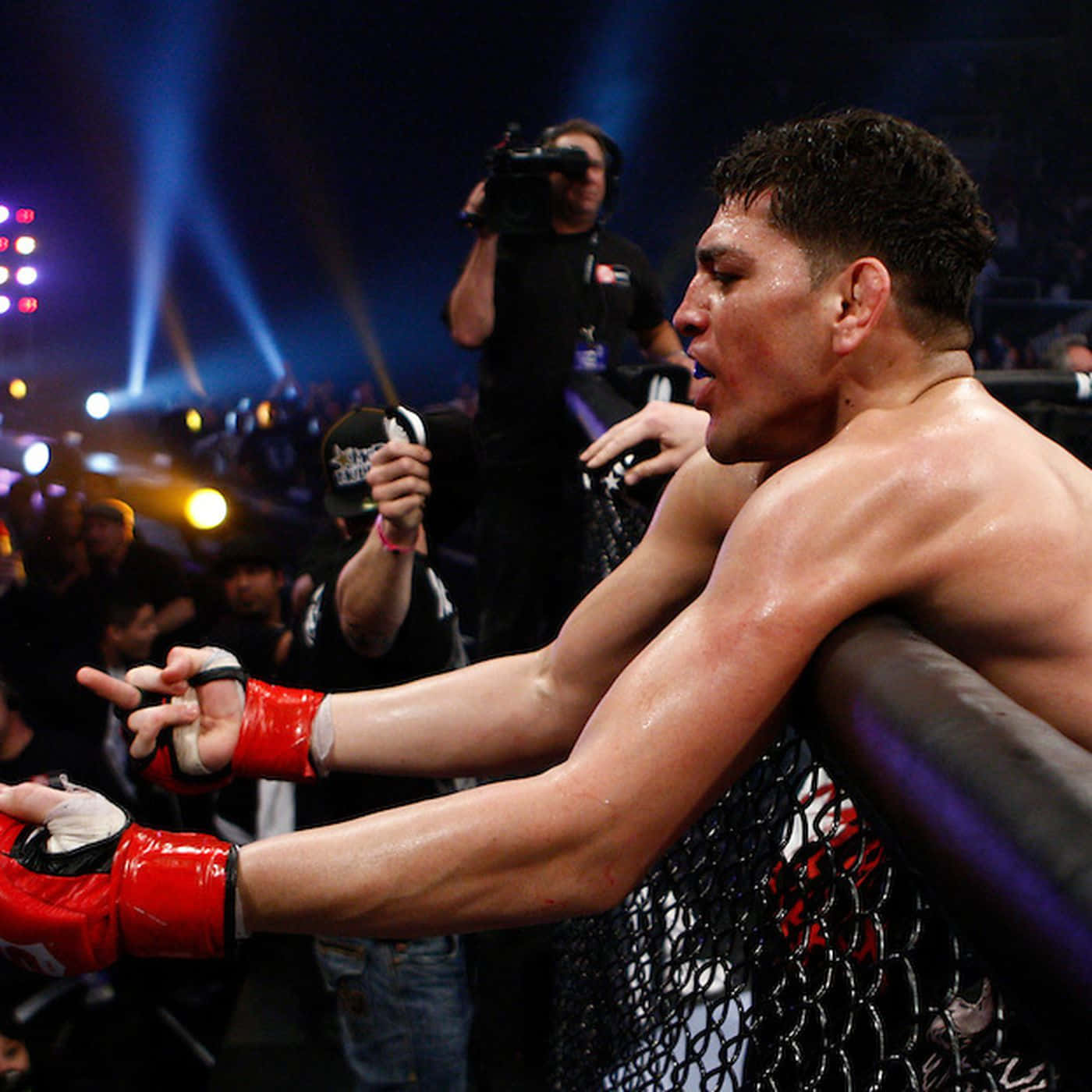 Nick Diaz, red gloves, cage railing, HD Desktop Wallpaper