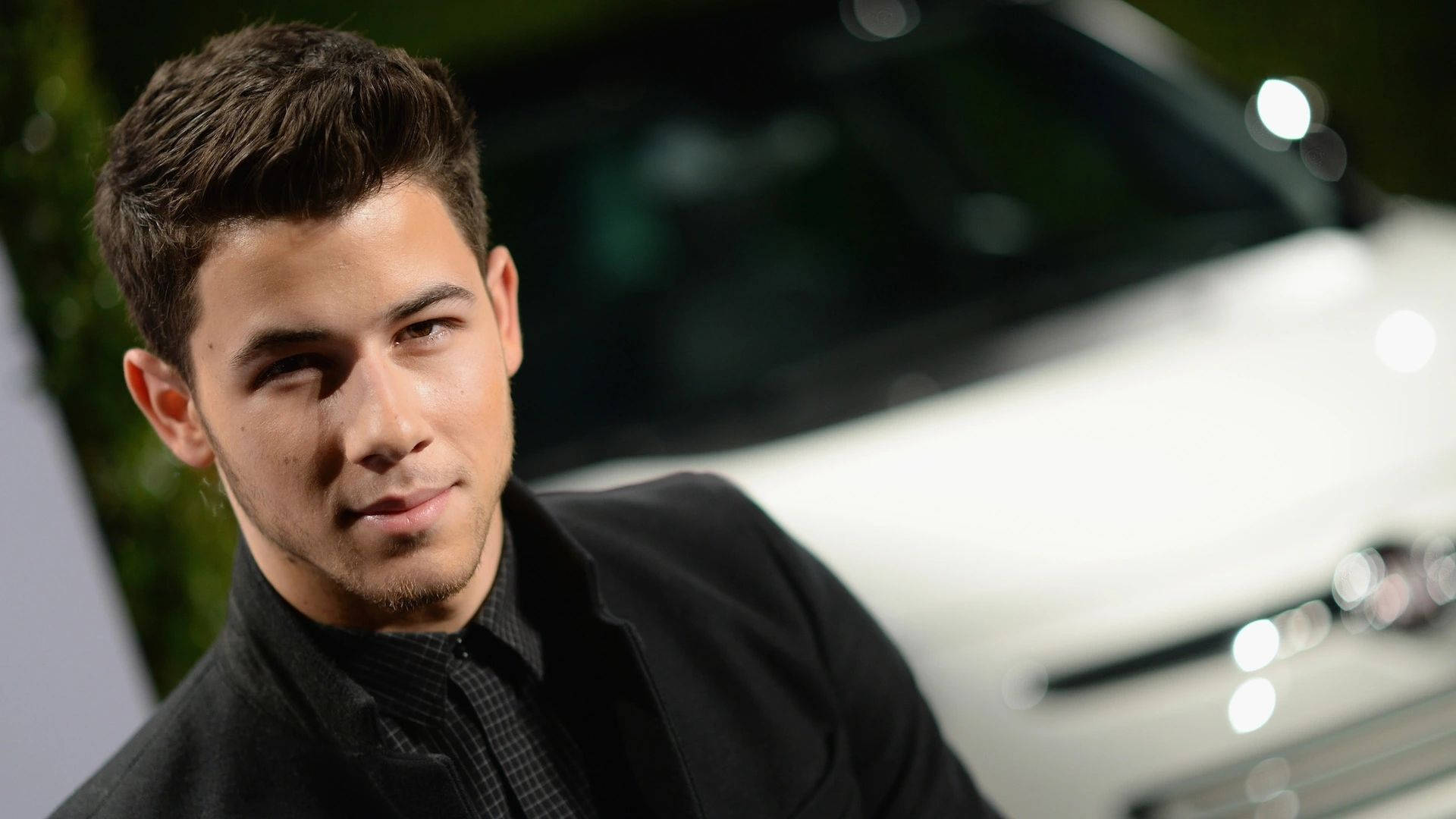 Nick Jonas, black suit, white car, Full HD Desktop Wallpaper