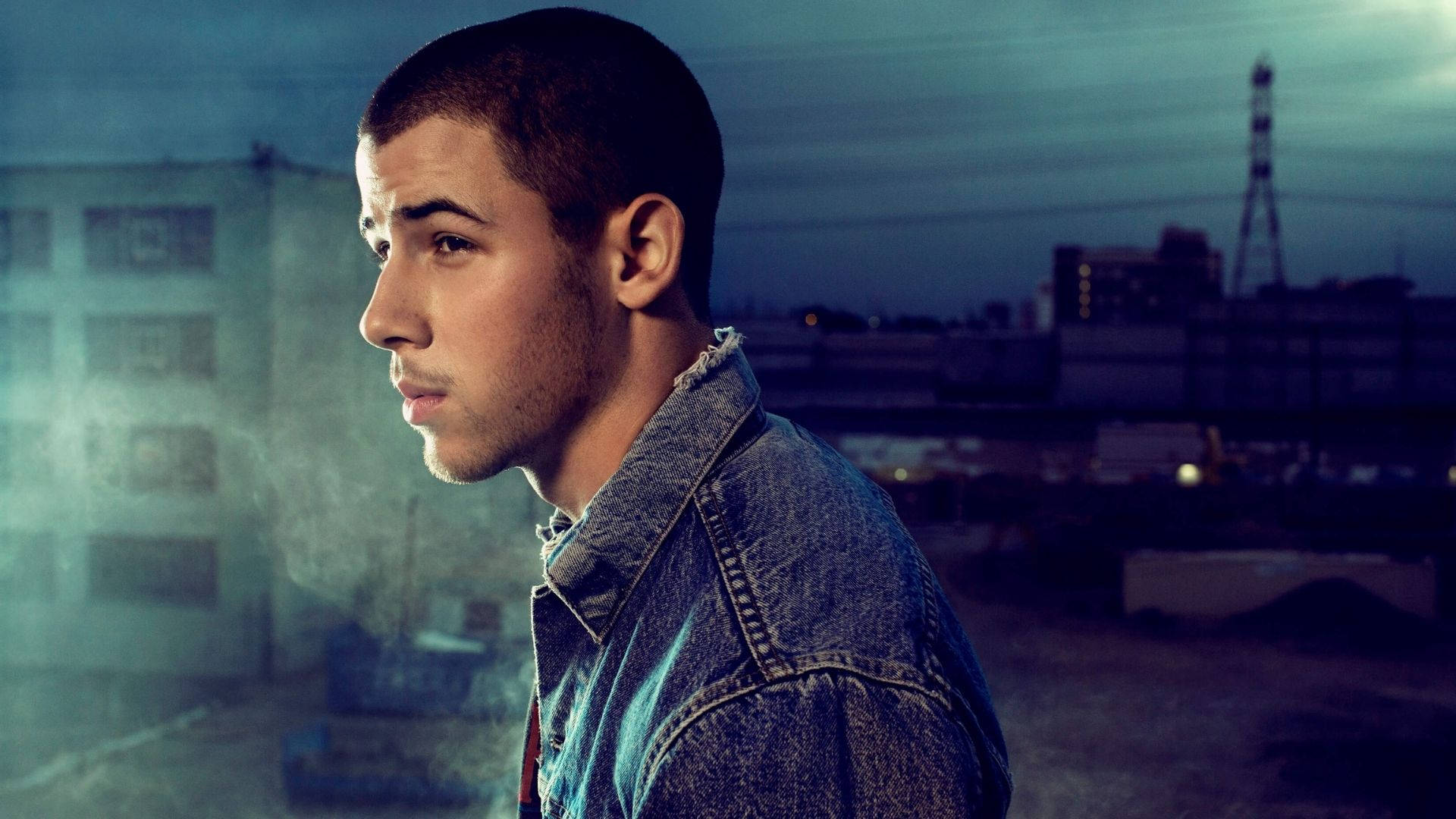 Nick Jonas, denim jacket, urban skyline, Full HD Desktop Wallpaper