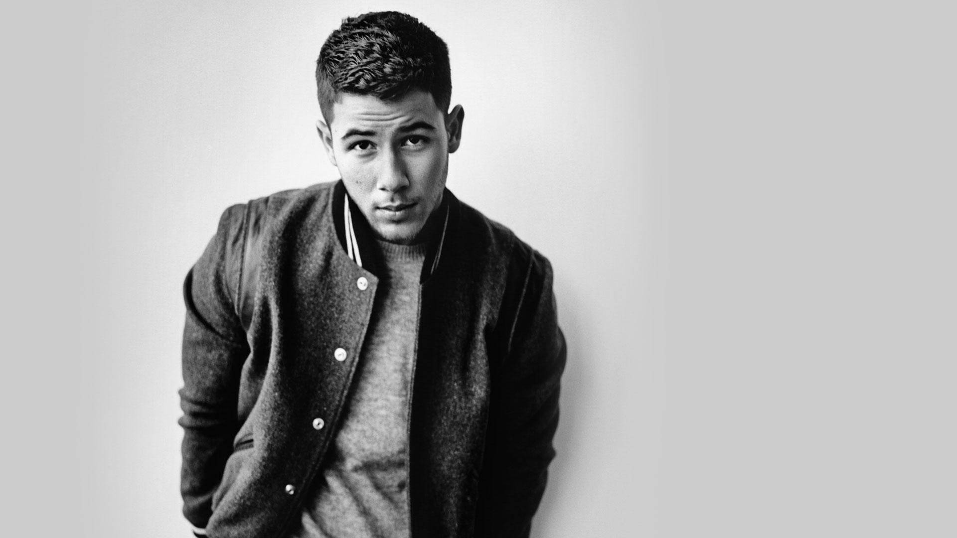 Nick Jonas, varsity jacket, black and white, Full HD Desktop Wallpaper
