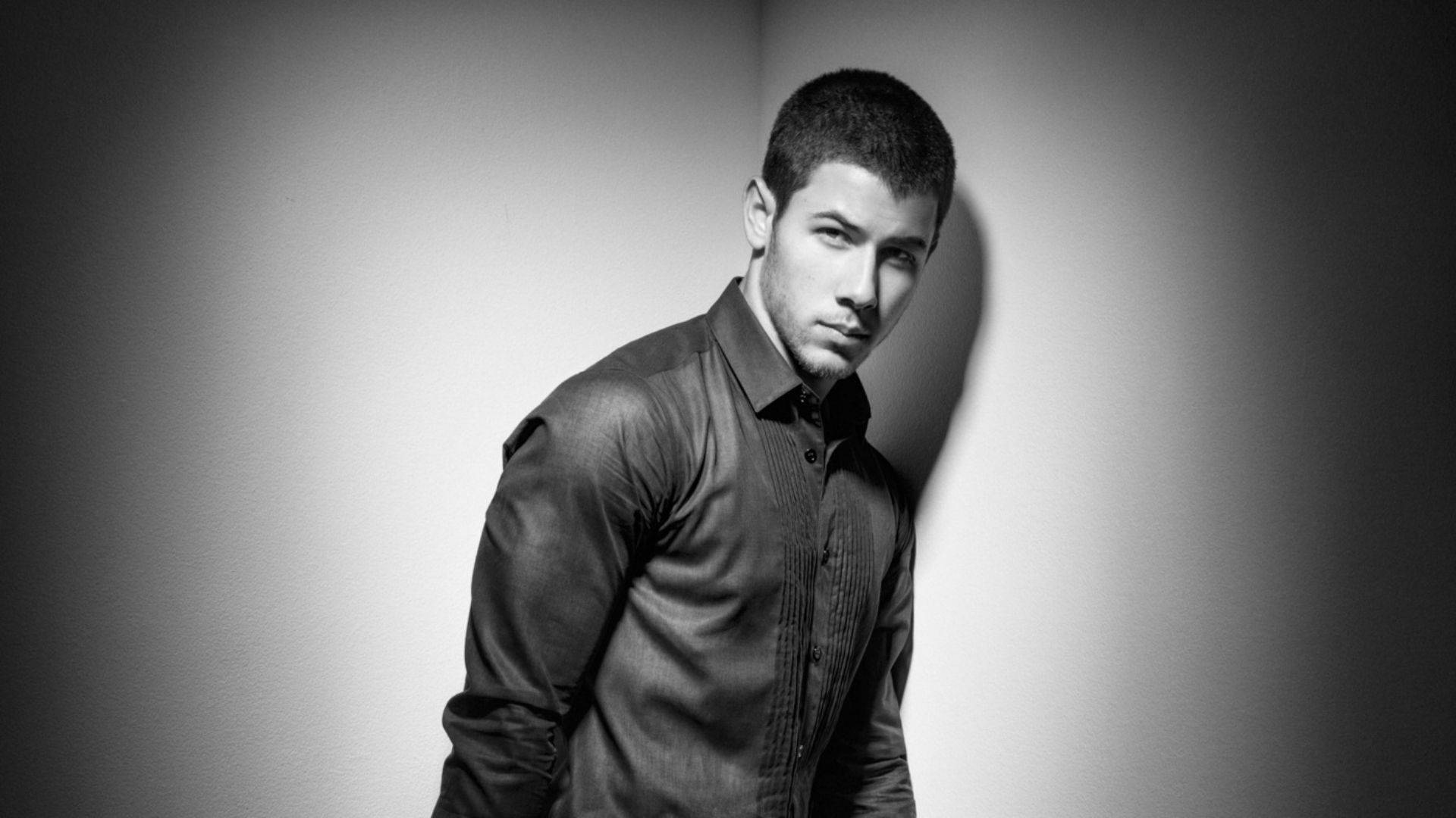 Nick Jonas, black and white portrait, dark shirt, Full HD Desktop Wallpaper