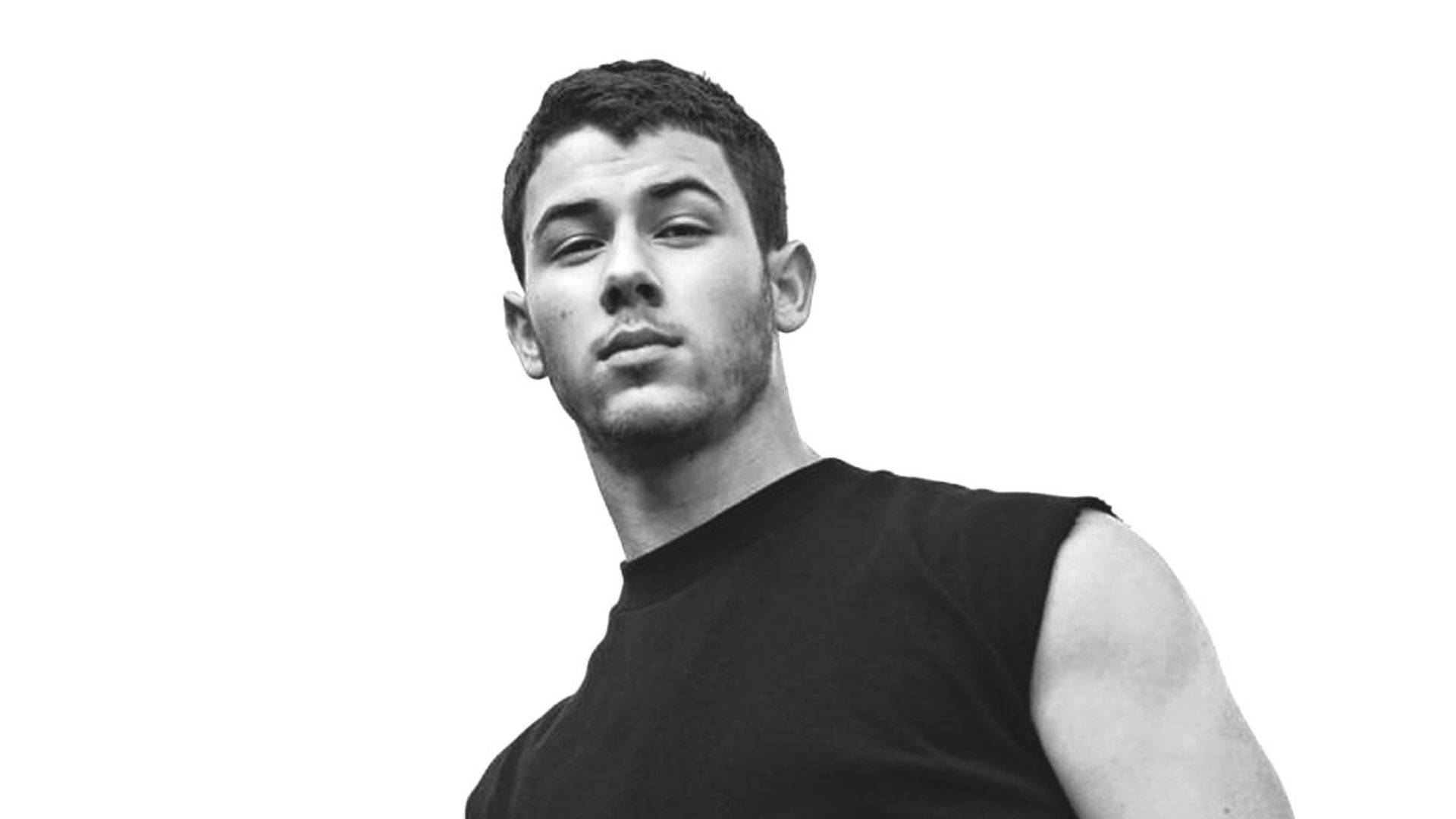 Nick Jonas, black and white portrait, sleeveless shirt, Full HD Desktop Wallpaper