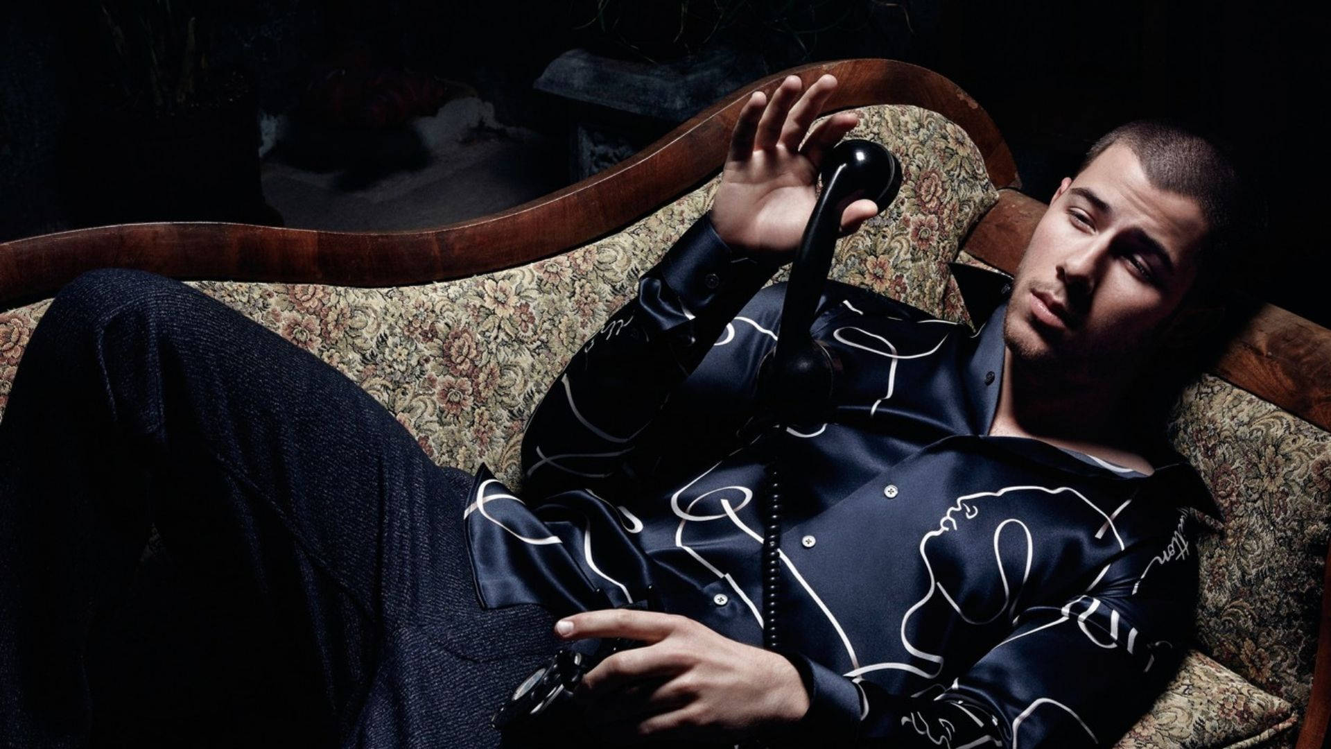 Nick Jonas, floral-patterned chaise, vintage phone, Full HD Desktop Wallpaper