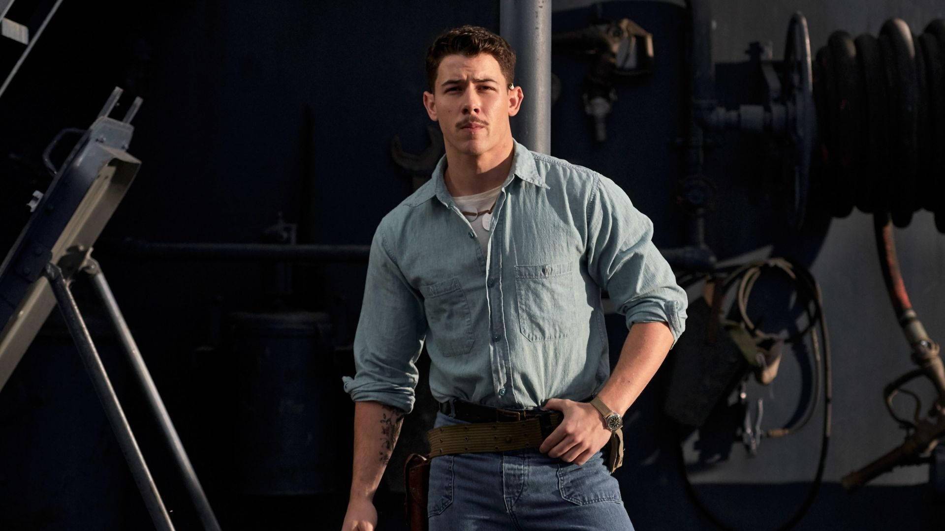 Nick Jonas, midway, light blue shirt, Full HD Desktop Wallpaper