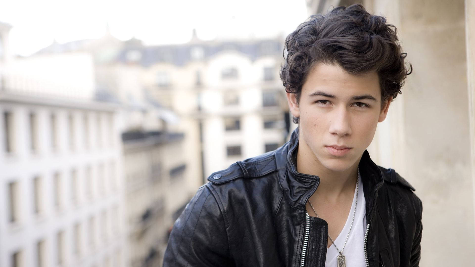 Nick jonas, black leather jacket, curly dark hair, Full HD Desktop Wallpaper
