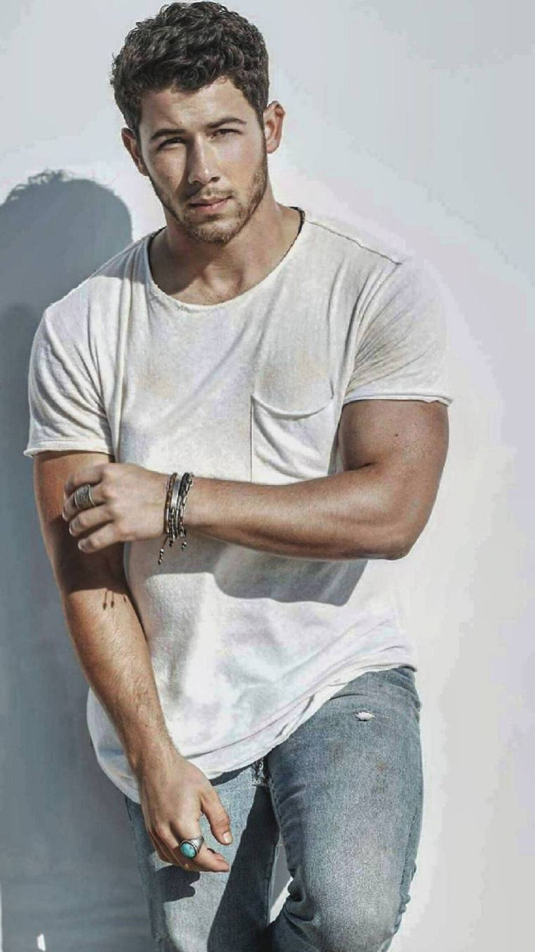 Nick Jonas, white shirt, dark hair, Full HD Phone Wallpaper